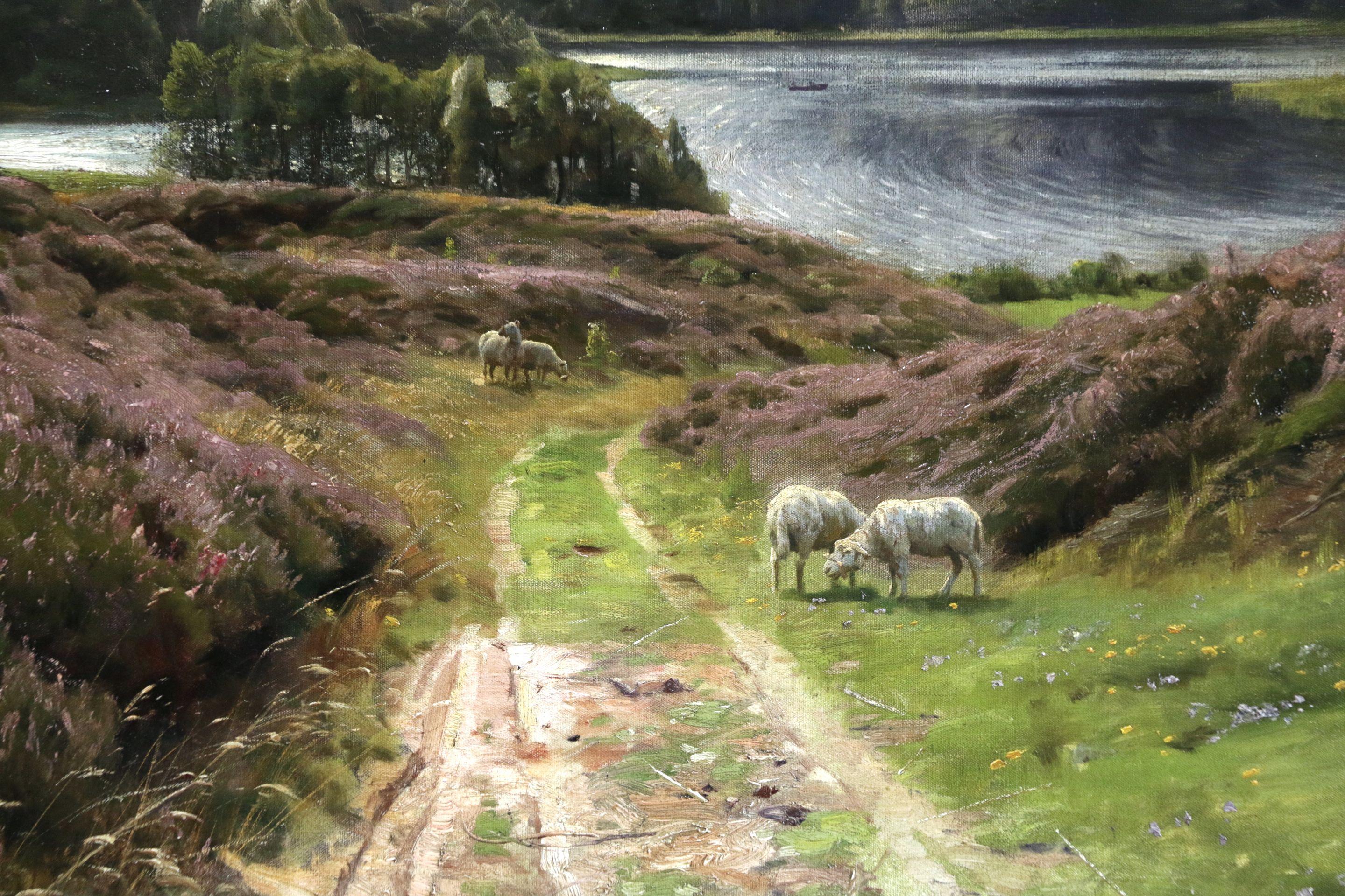 Virklund - East Jutland - 19th Century Oil, Sheep & Lake in Landscape by Monsted - Realist Painting by Peder Mørk Mønsted
