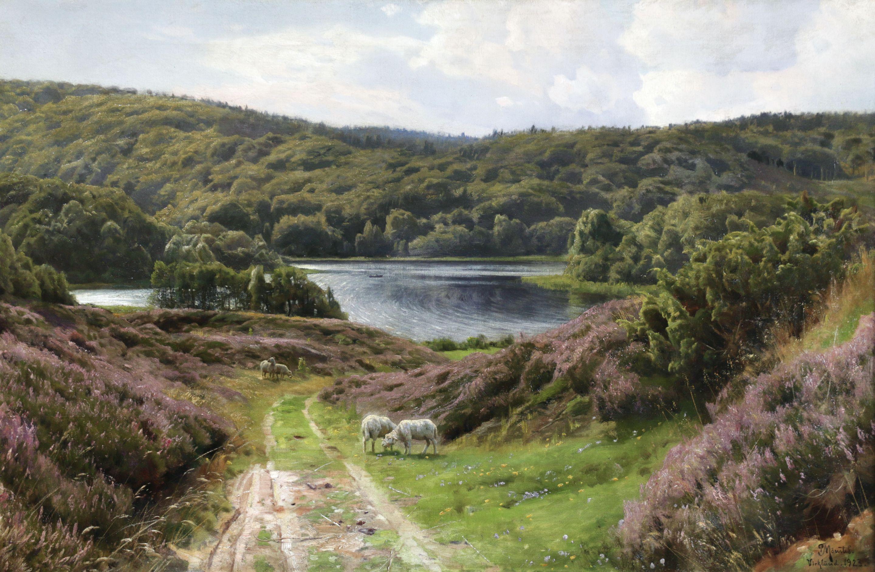 Peder Mørk Mønsted Animal Painting - Virklund - East Jutland - 19th Century Oil, Sheep & Lake in Landscape by Monsted