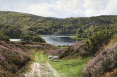 Virklund - East Jutland - 19th Century Oil, Sheep & Lake in Landscape by Monsted