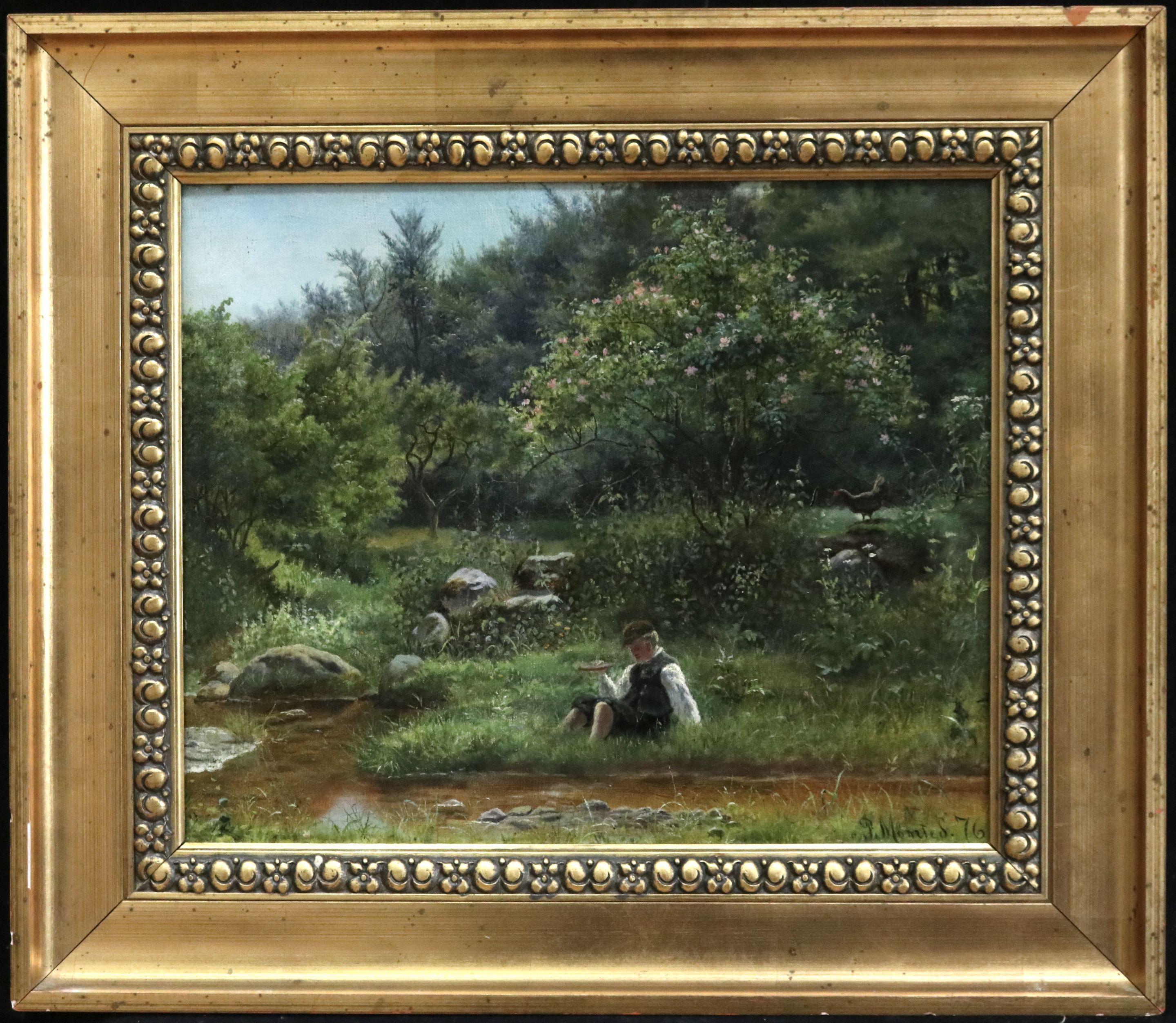 Jeune garçon pêcheant par un ruisseau - Huile du XIXe siècle:: Figures dans un paysage par Monsted - Painting de Peder Mørk Mønsted