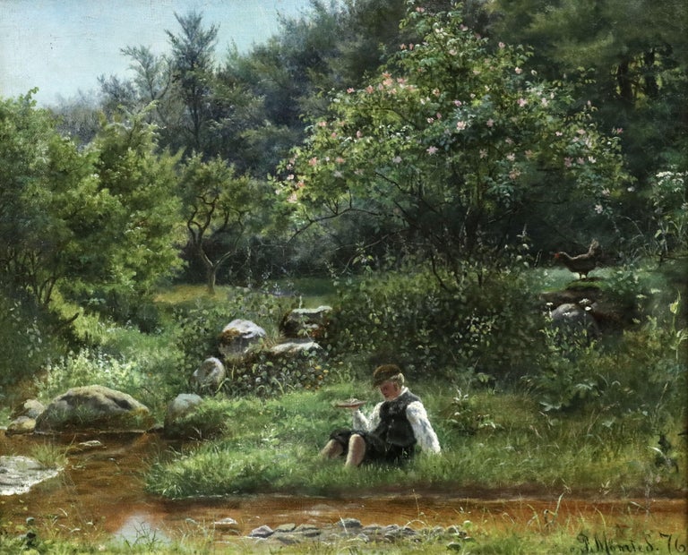 Peder Mork Monsted Young Boy Fishing By Stream 19th Century Oil Figures In Landscape By Monsted Landscape Paintings Oil Painting Landscape Painting