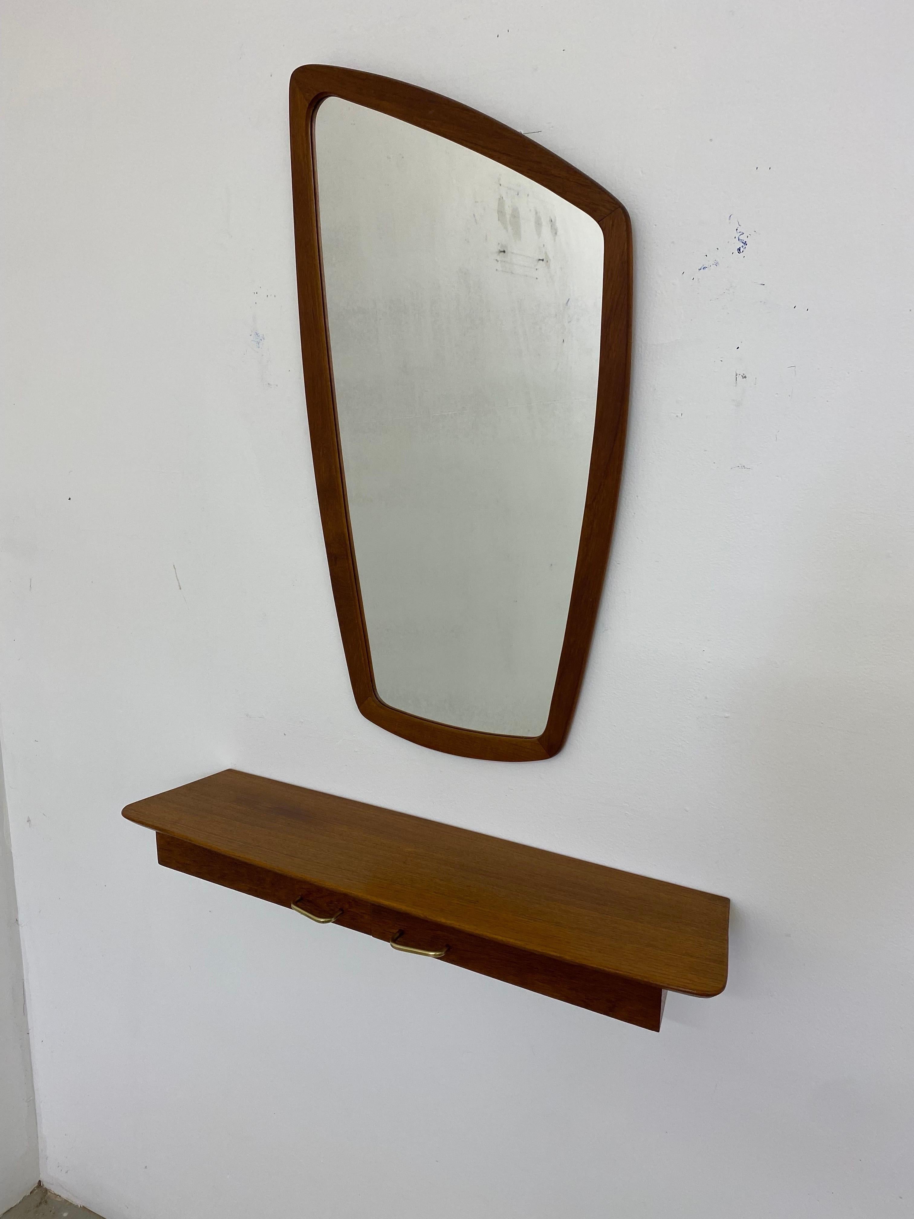 Pedersen and Hansen Mirror and Hanging Console.  Asymmetric Teak Mirror with a 2 drawer Console.  Drawers swing open for storage.  Perfect for keys and phone!  Label to back side of Mirror.  Have had many mirrors by this Danish Maker, but never this