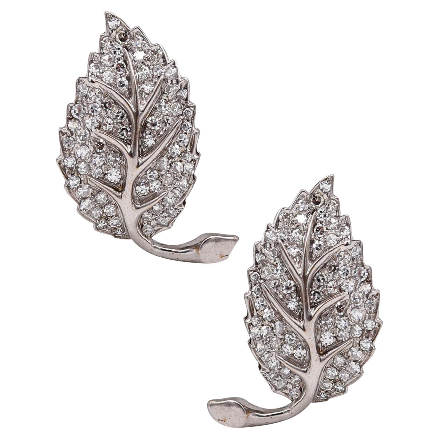 Pederzani 1940 Milano Rare Deco Leaf Earrings Platinum 4.14 Cts in VS Diamonds For Sale