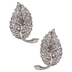 Vintage Pederzani 1940 Milano Rare Deco Leaf Earrings Platinum 4.14 Cts in VS Diamonds