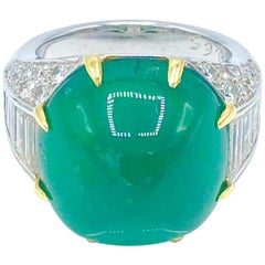 Antique Pederzani Cabochon Green Emerald and Diamond Cocktail Ring
