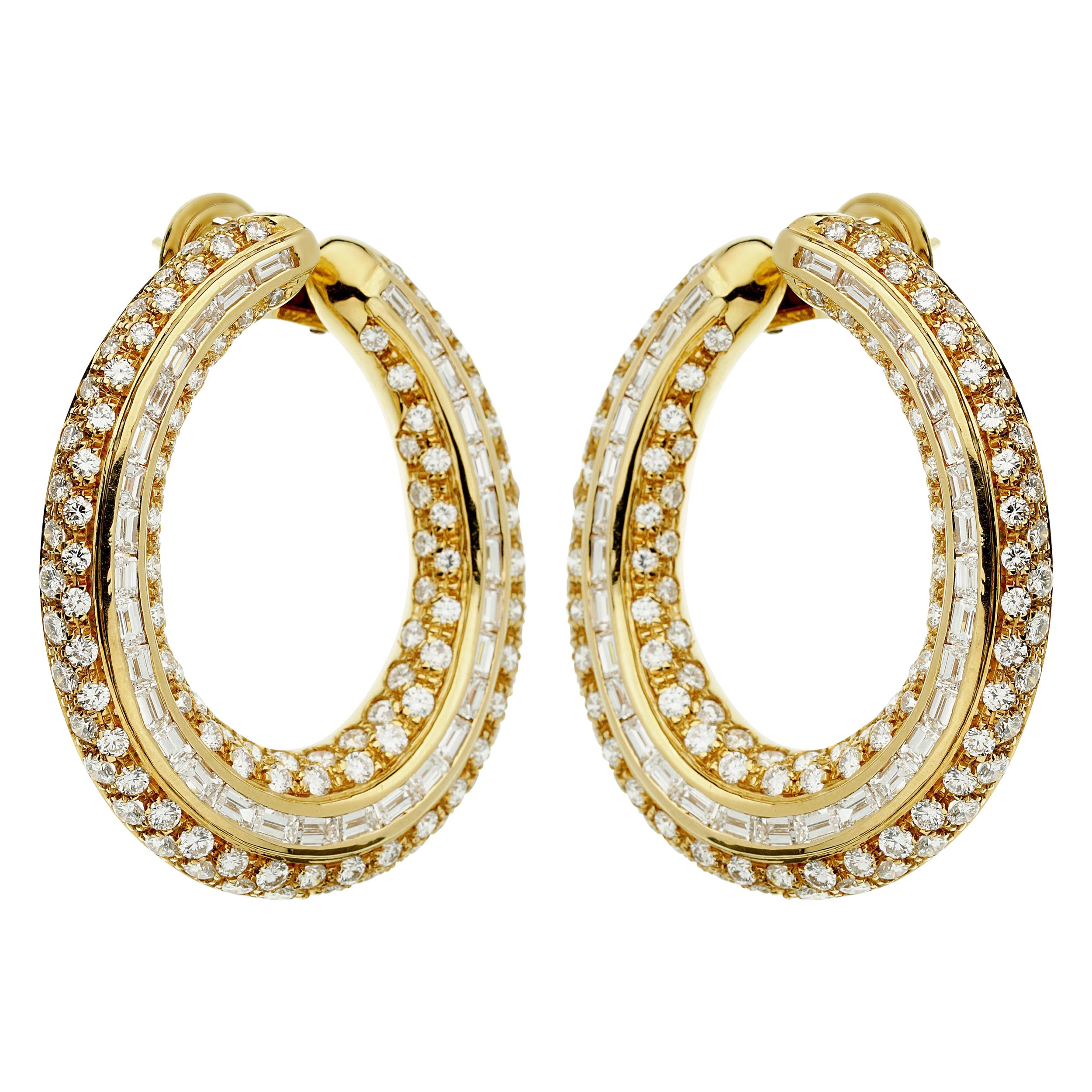 Pederzani Diamond Baguette Gold Hoop Earrings For Sale