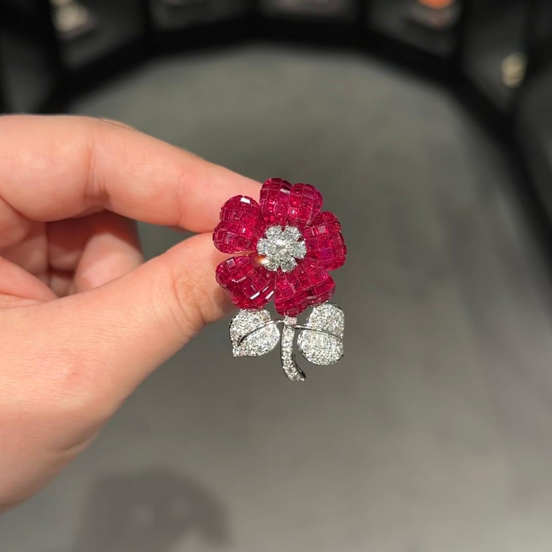 Pederzani Invisible Setting Ruby Diamond Flower Brooch Yellow White Gold Italian 4