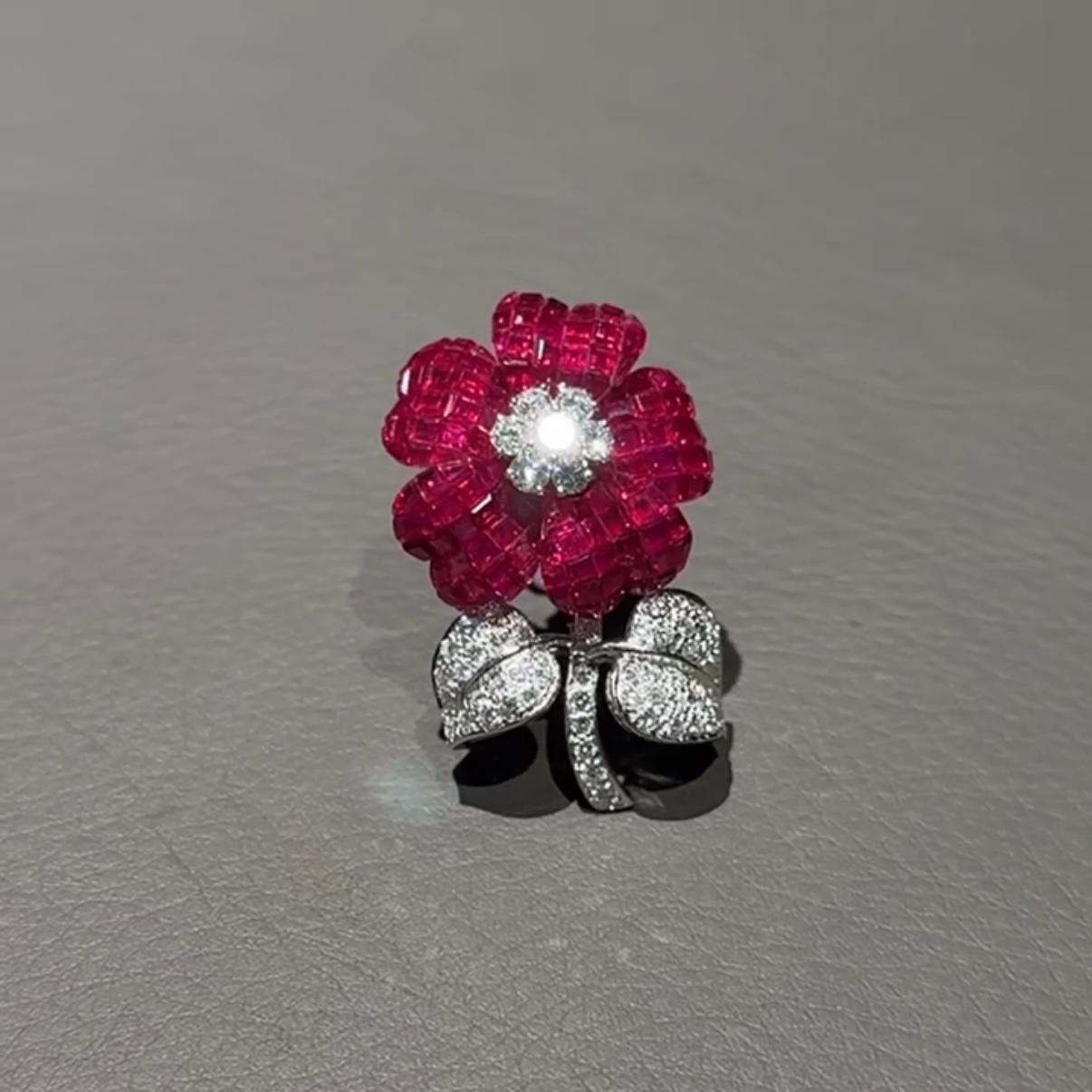 Pederzani Invisible Setting Ruby Diamond Flower Brooch Yellow White Gold Italian 5