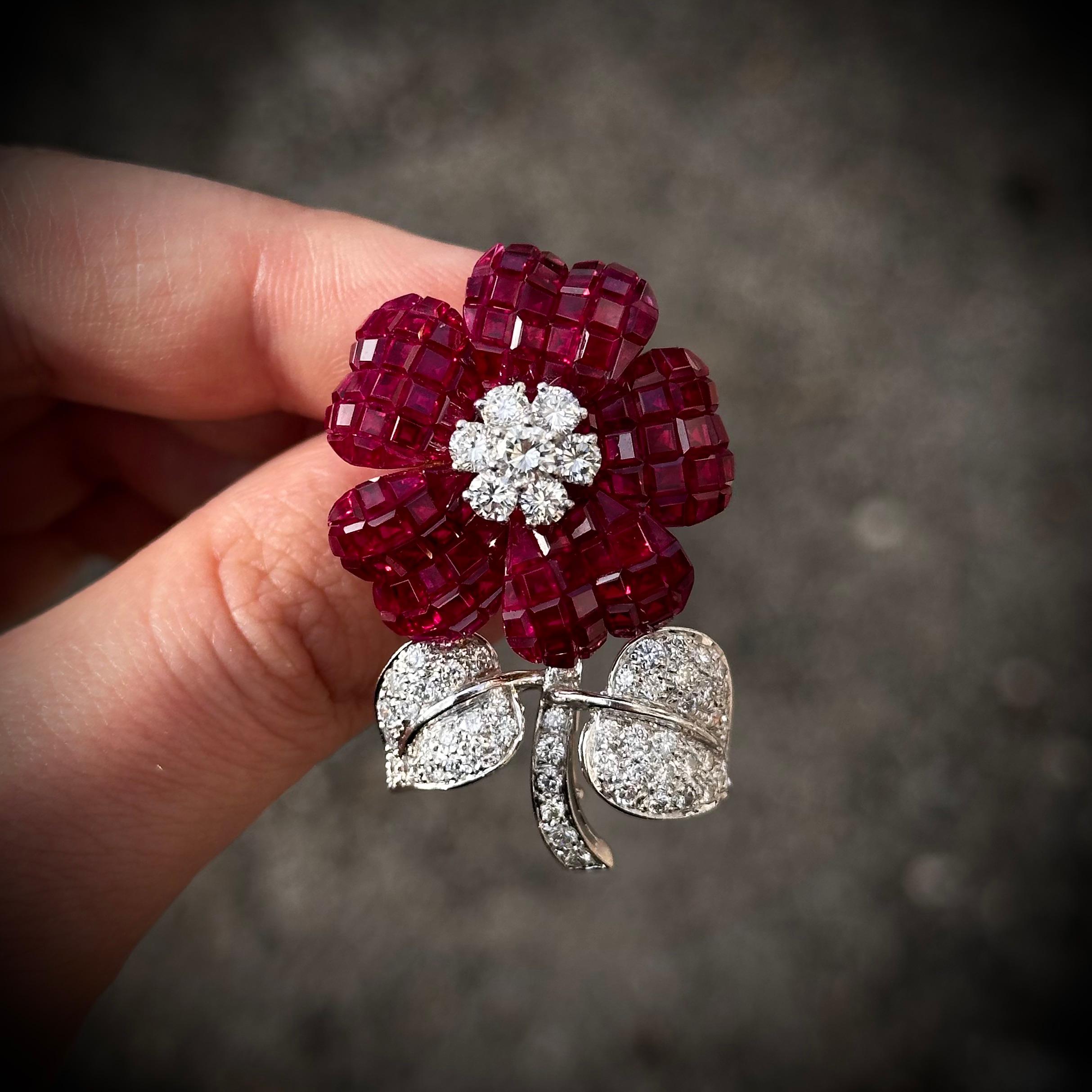 Pederzani Invisible Setting Ruby Diamond Flower Brooch Yellow White Gold Italian 6