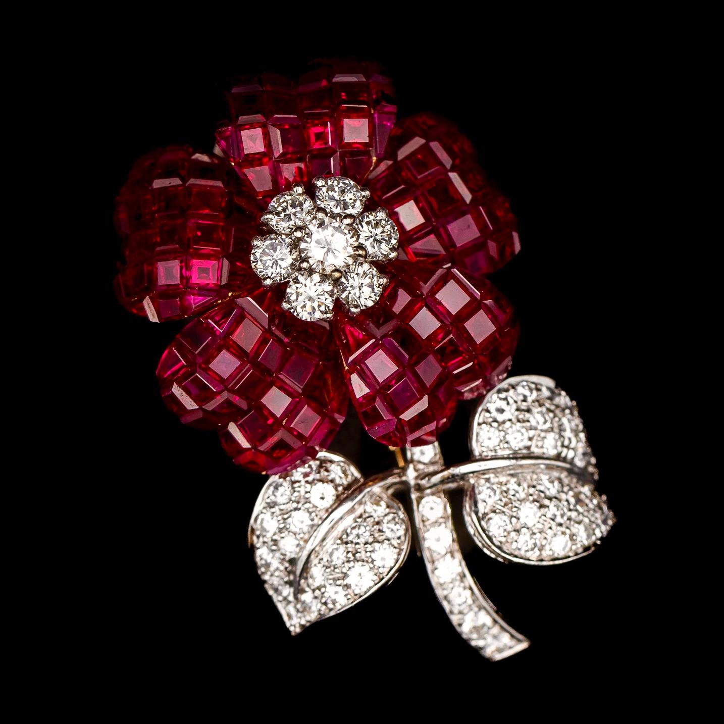 Pederzani Invisible Setting Ruby Diamond Flower Brooch Yellow White Gold Italian 7