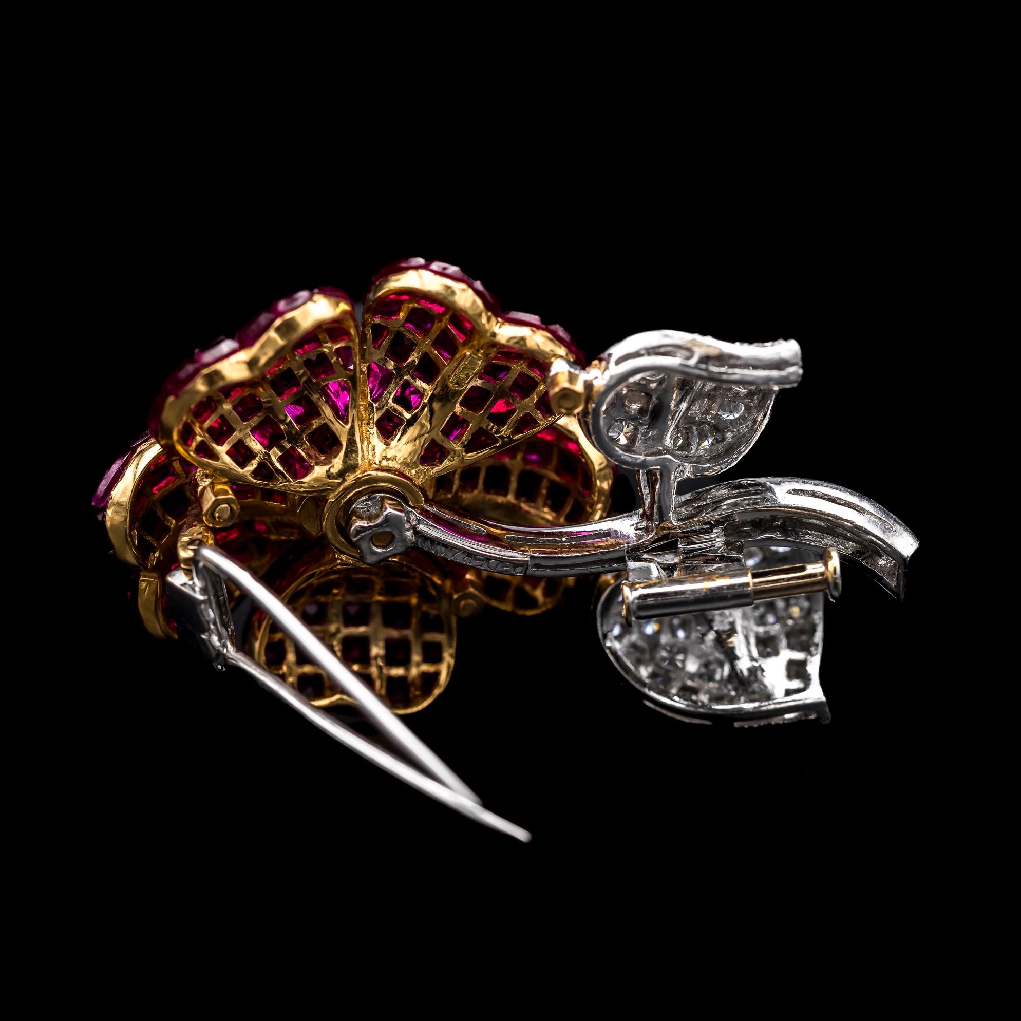 Pederzani Invisible Setting Ruby Diamond Flower Brooch Yellow White Gold Italian 8