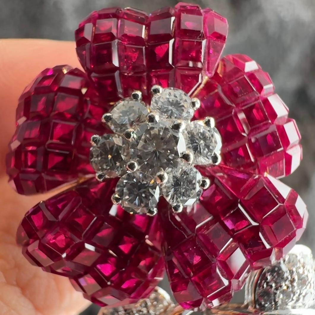 Pederzani Invisible Setting Ruby Diamond Flower Brooch Yellow White Gold Italian 10
