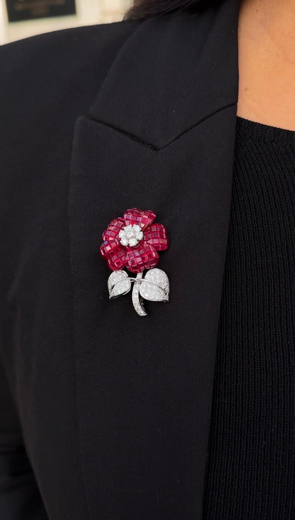 Modern Pederzani Invisible Setting Ruby Diamond Flower Brooch Yellow White Gold Italian