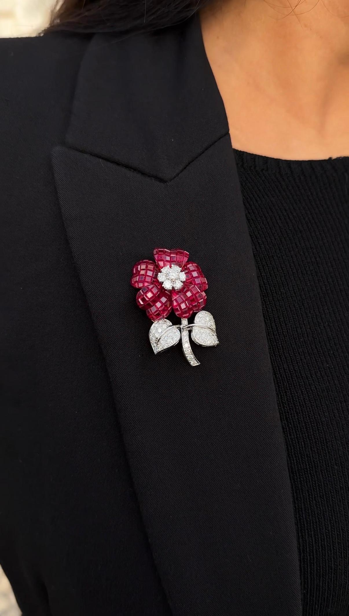 Square Cut Pederzani Invisible Setting Ruby Diamond Flower Brooch Yellow White Gold Italian
