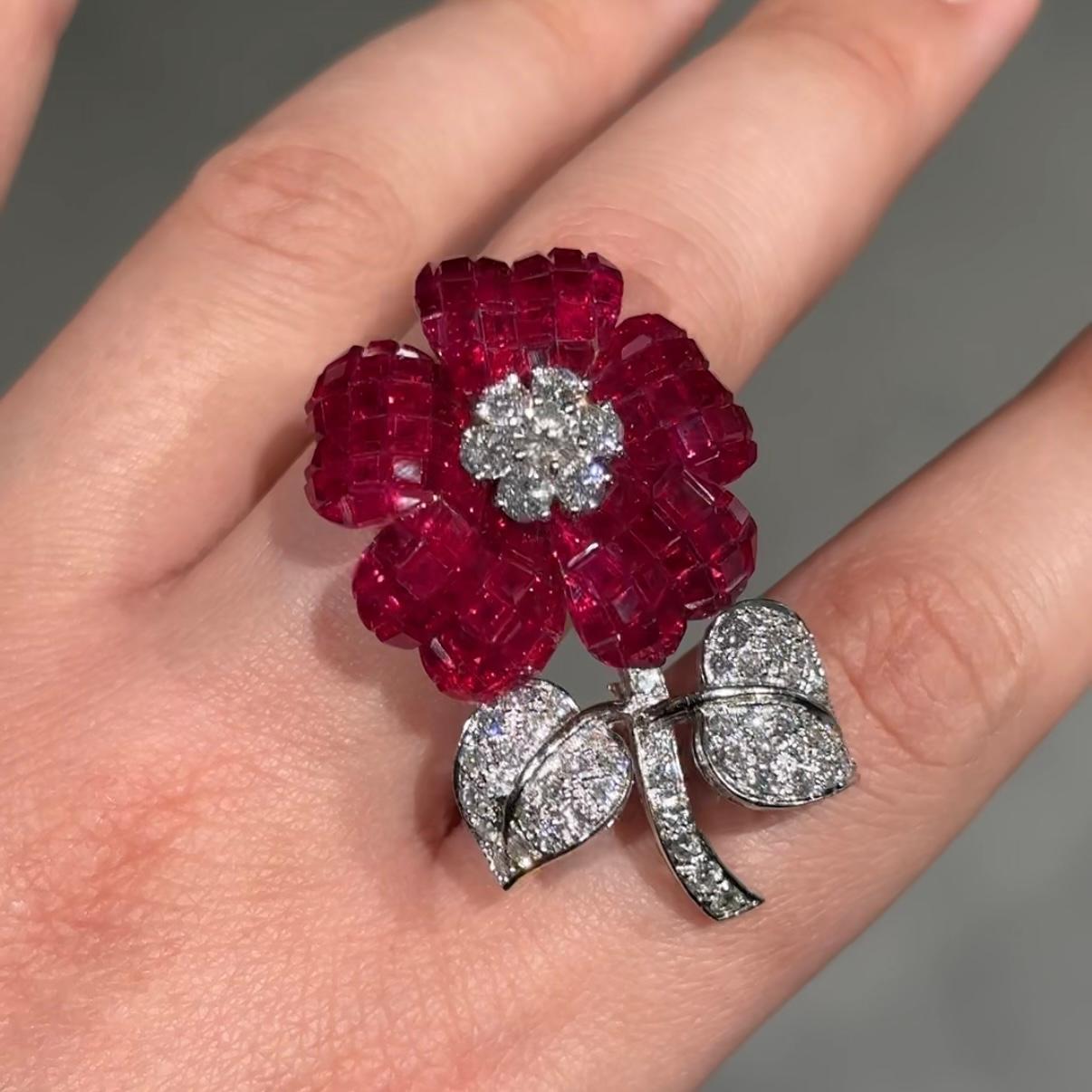 Pederzani Invisible Setting Ruby Diamond Flower Brooch Yellow White Gold Italian In Good Condition In Lisbon, PT