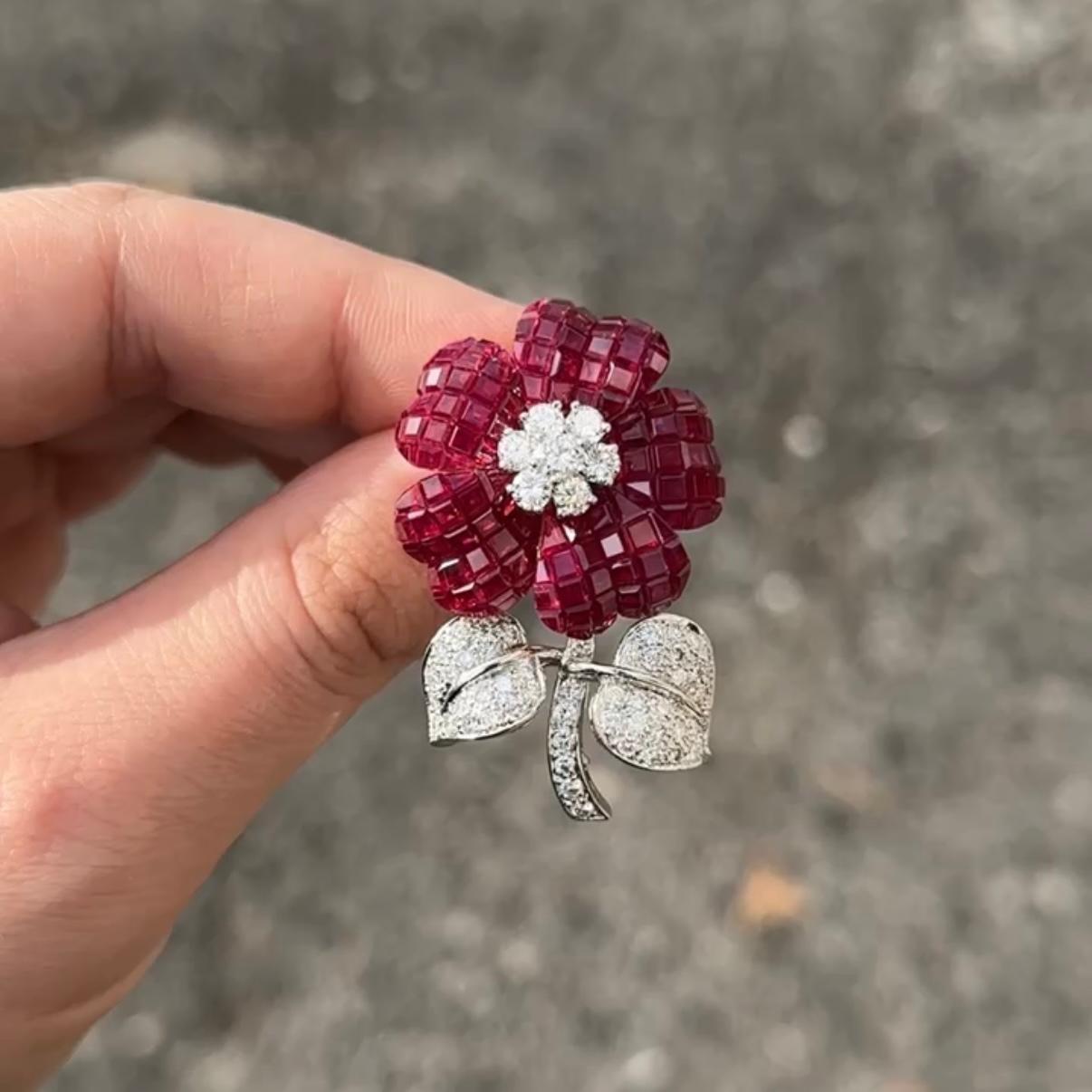 Women's or Men's Pederzani Invisible Setting Ruby Diamond Flower Brooch Yellow White Gold Italian