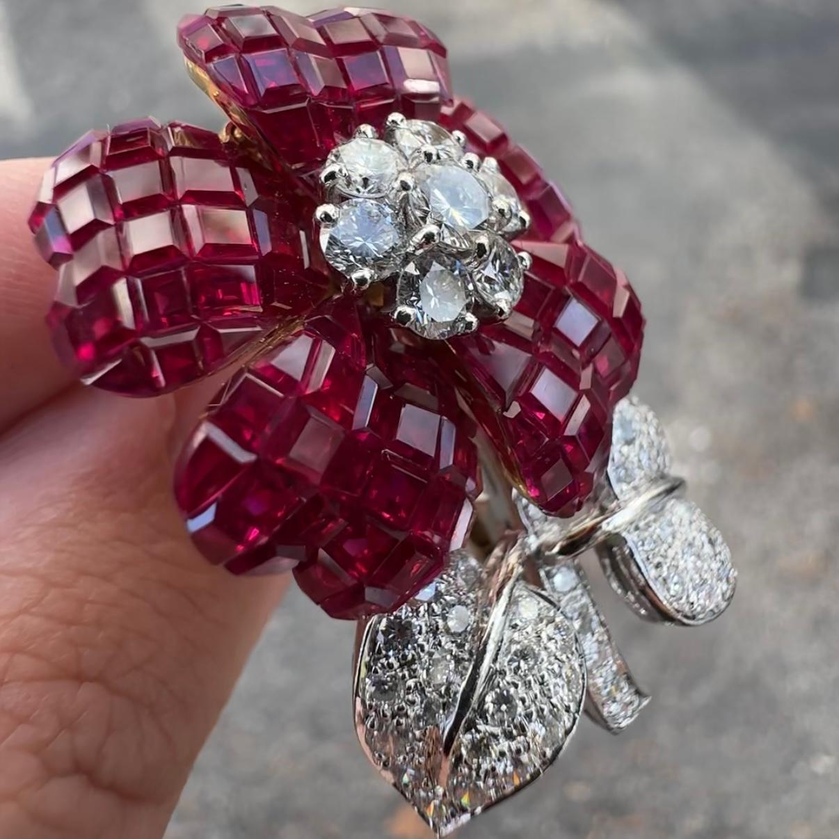 Pederzani Invisible Setting Ruby Diamond Flower Brooch Yellow White Gold Italian 1