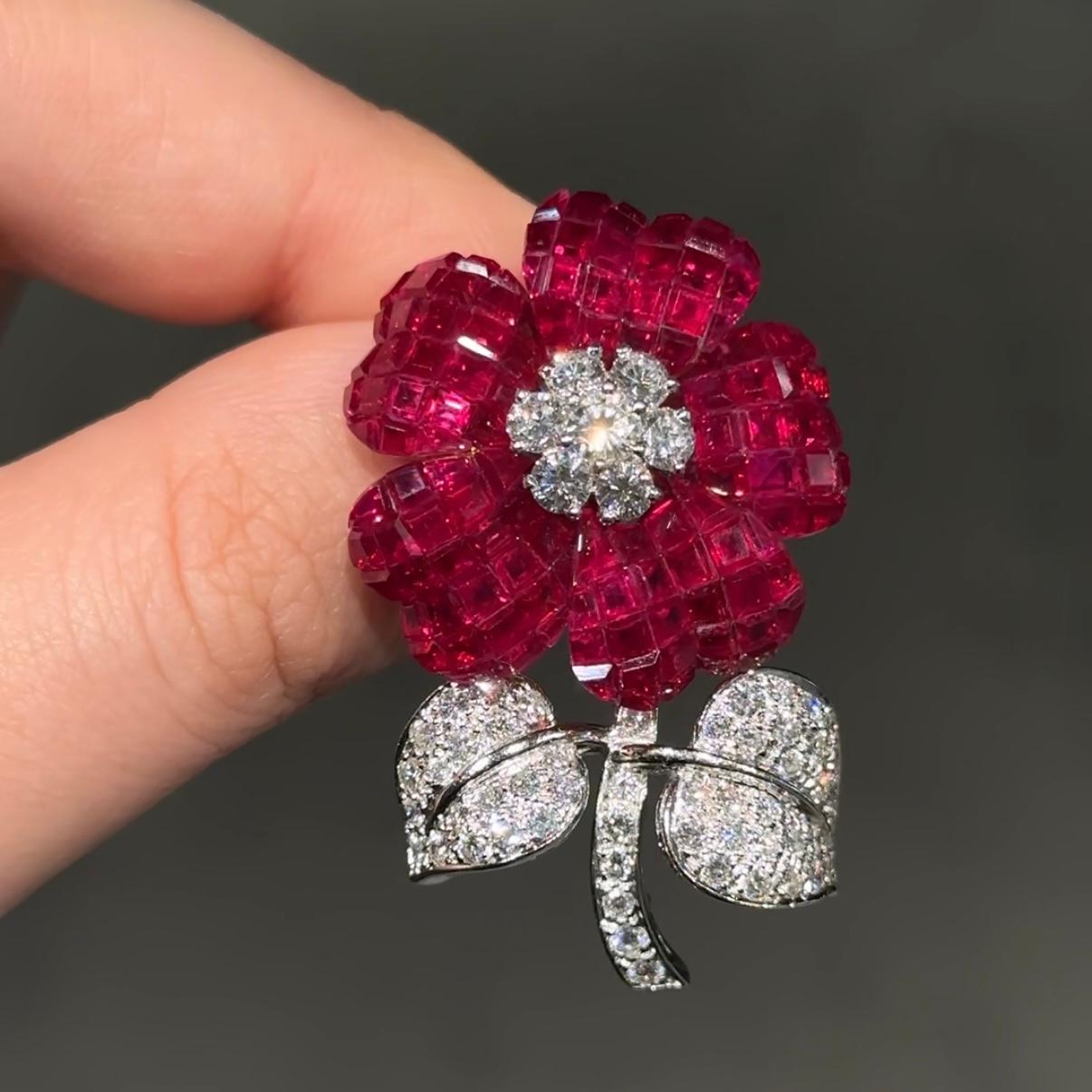 Pederzani Invisible Setting Ruby Diamond Flower Brooch Yellow White Gold Italian 3