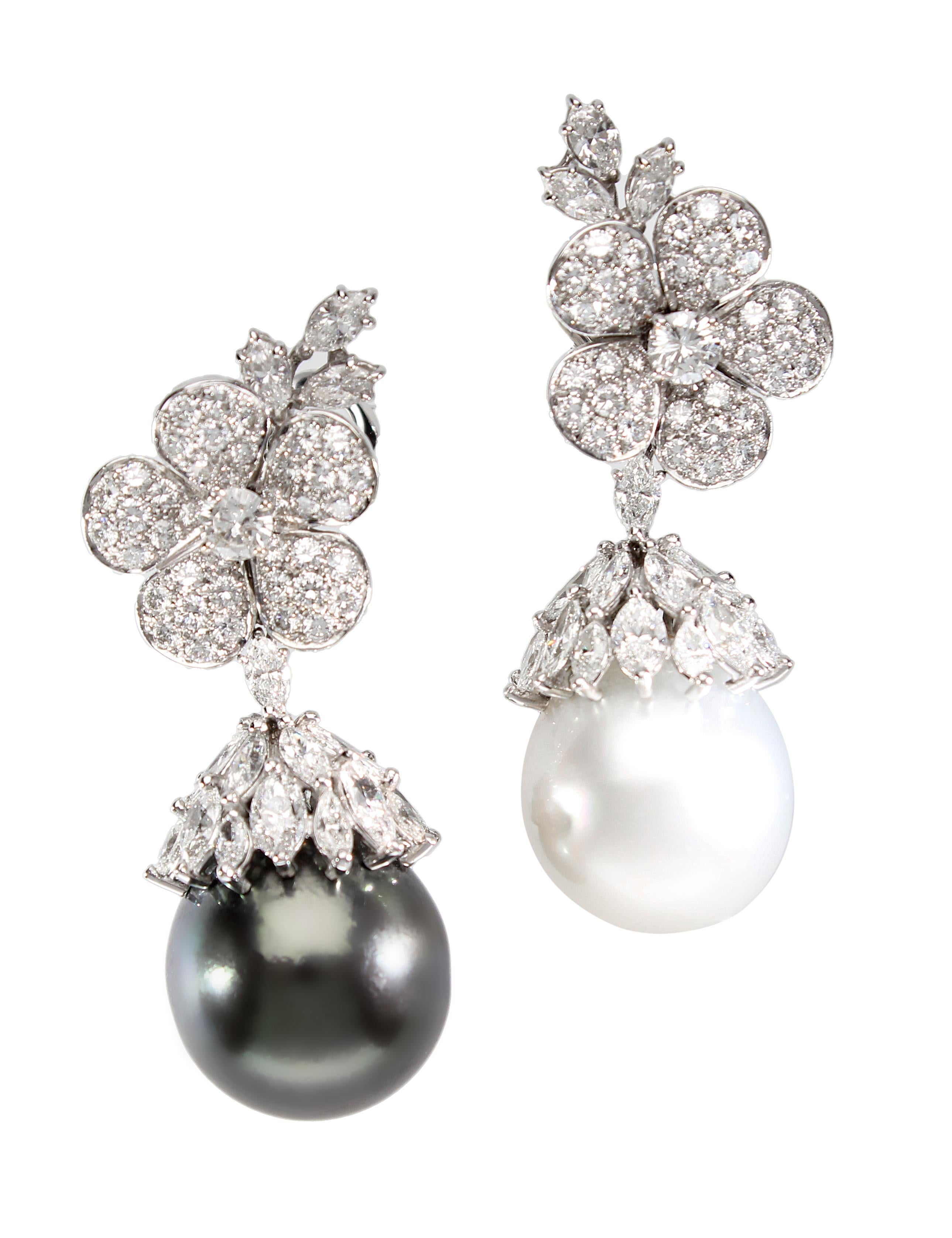 Romantic Pederzani Signed Earrings for about 10.00 Ct of Diamonds and Pearls For Sale