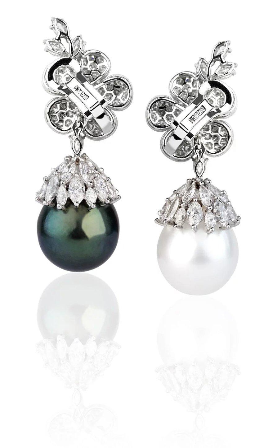 Marquise Cut Pederzani Signed Earrings for about 10.00 Ct of Diamonds and Pearls For Sale