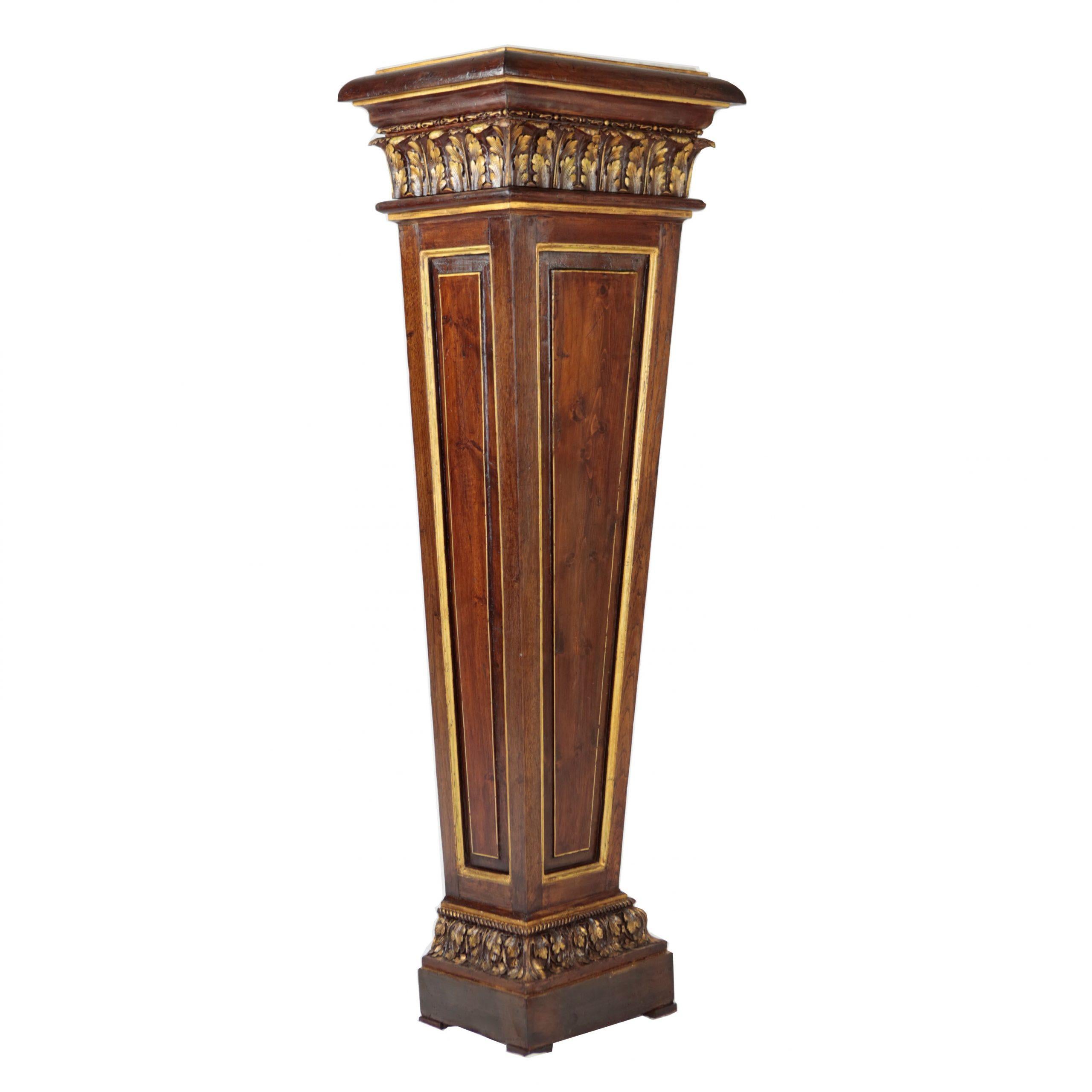 Pedestal, 2nd half 19th century, walnut, dark stained, carved, partially gilded, finished with marble top, restored condition, shellac wax polish

Height: 149 cm, width 50.5 cm, depth 39 cm