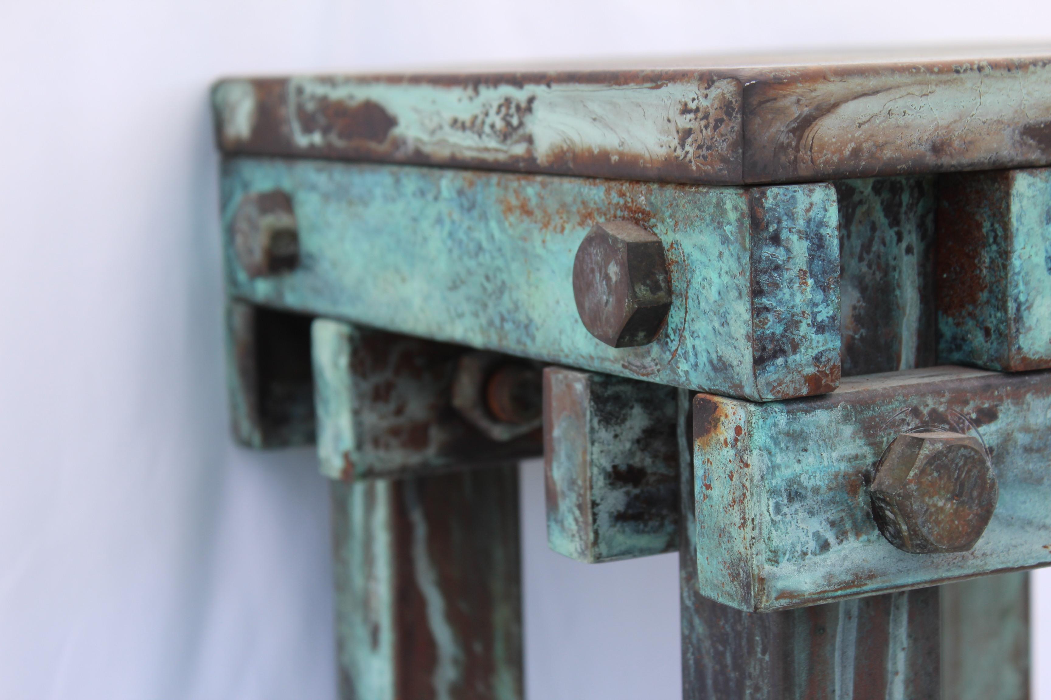 Pedestal Art Deco/Modern, Antiqued Steel, Green Patina Finish In Good Condition In Los Angeles, CA