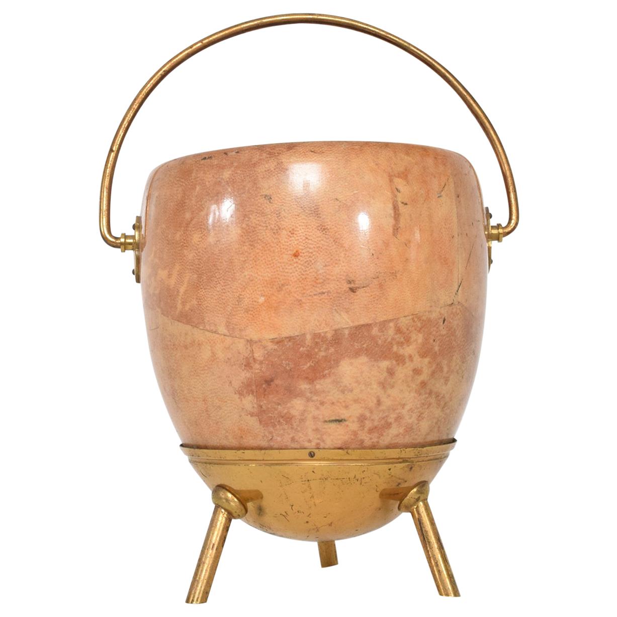 Champagne Bucket Catch it All Pot in Goatskin w/ Brass by ALDO TURA Italy 1960s