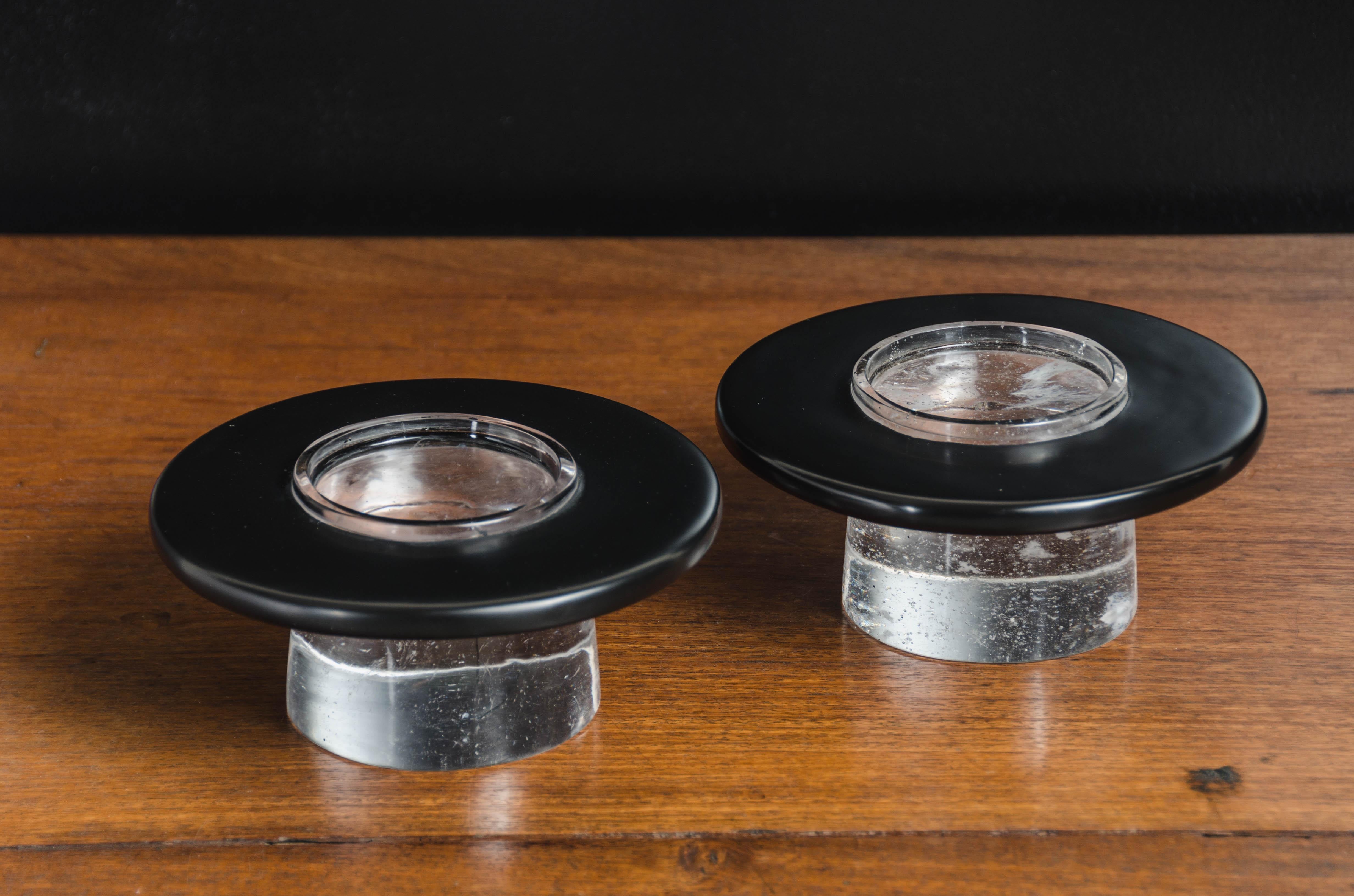 Pedestal Candleholder, Black Lacquer and Crystal by Robert Kuo, Limited Edition In New Condition For Sale In Los Angeles, CA