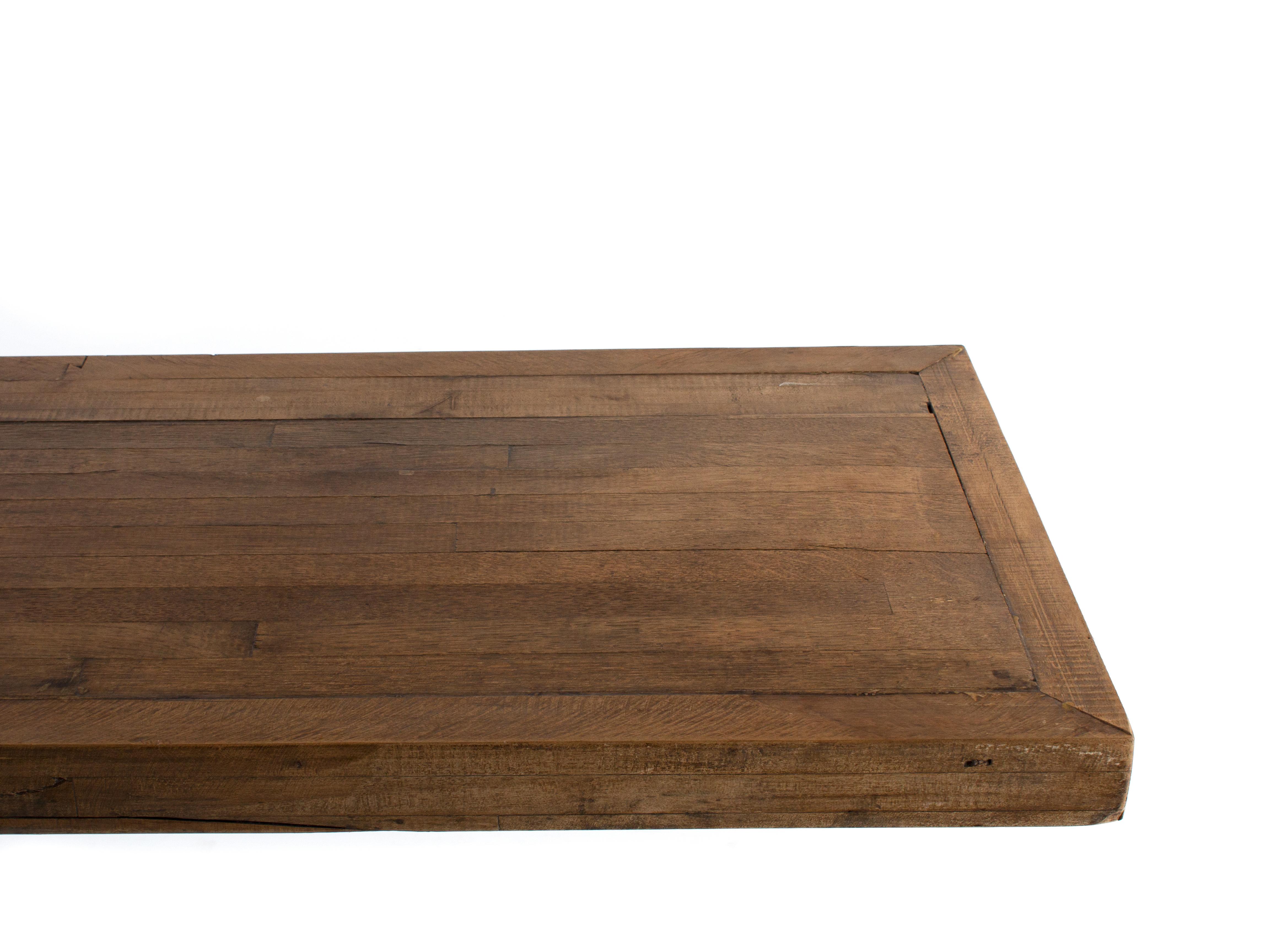 Pedestal Console Antique Maple Floor Board Top on Steel Base In Good Condition In Dallas, TX