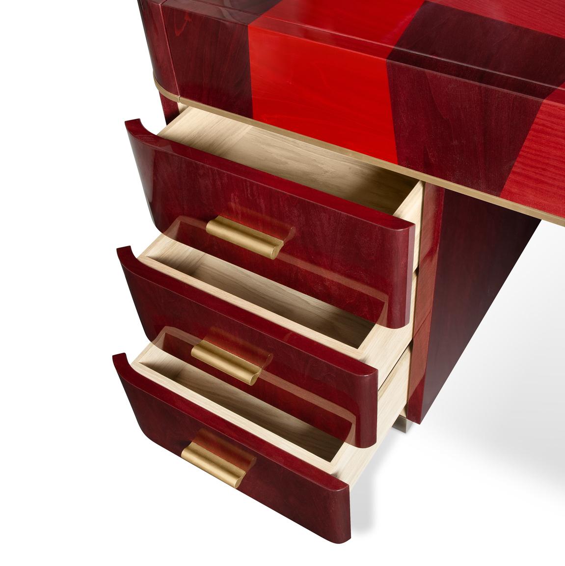 British Pedestal Desk/Dressing Table in red marquetry veneer and high gloss lacquer For Sale