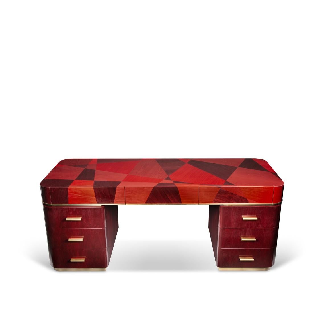 Hand-Crafted Pedestal Desk/Dressing Table in red marquetry veneer and high gloss lacquer For Sale