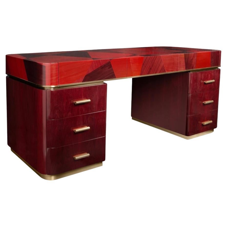 Pedestal Desk/Dressing Table in red marquetry veneer and high gloss lacquer For Sale