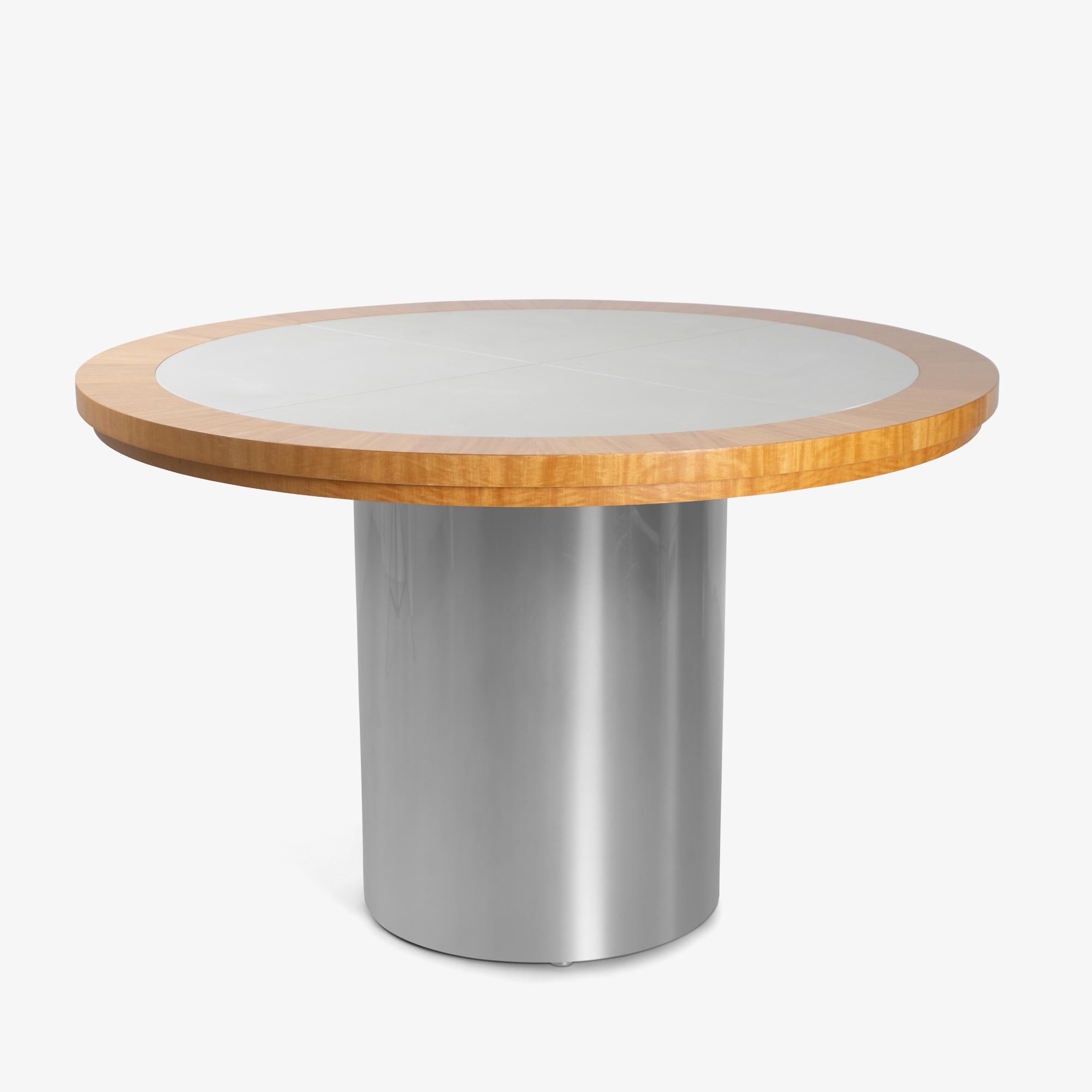 Modern Pedestal Foyer Card Dining Table in Maple, Leather, & Chrome For Sale