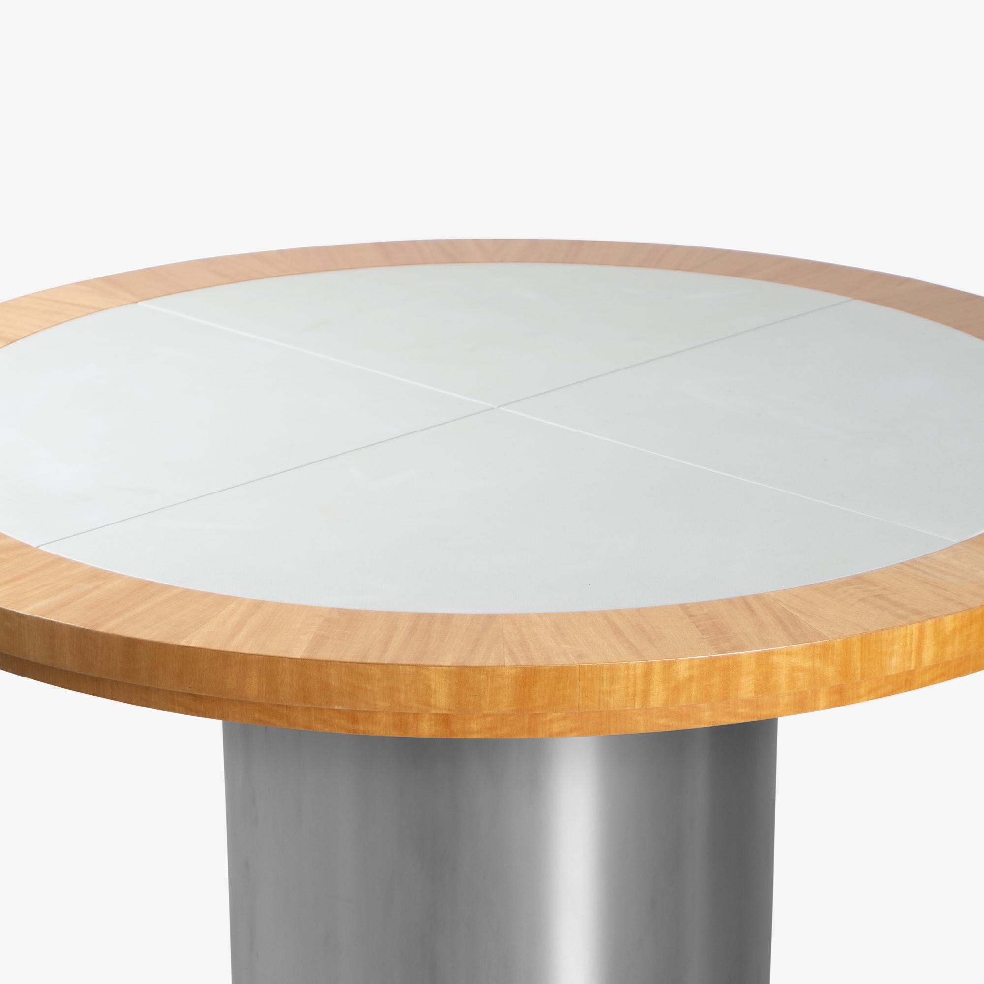 American Pedestal Foyer Card Dining Table in Maple, Leather, & Chrome For Sale