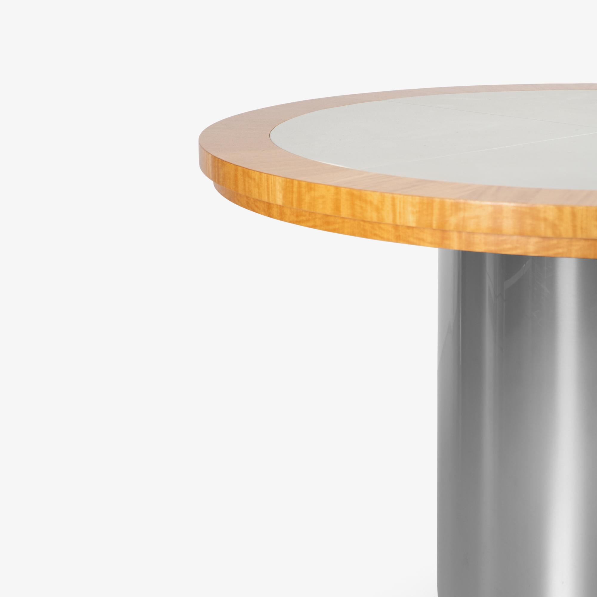 Contemporary Pedestal Foyer Card Dining Table in Maple, Leather, & Chrome For Sale