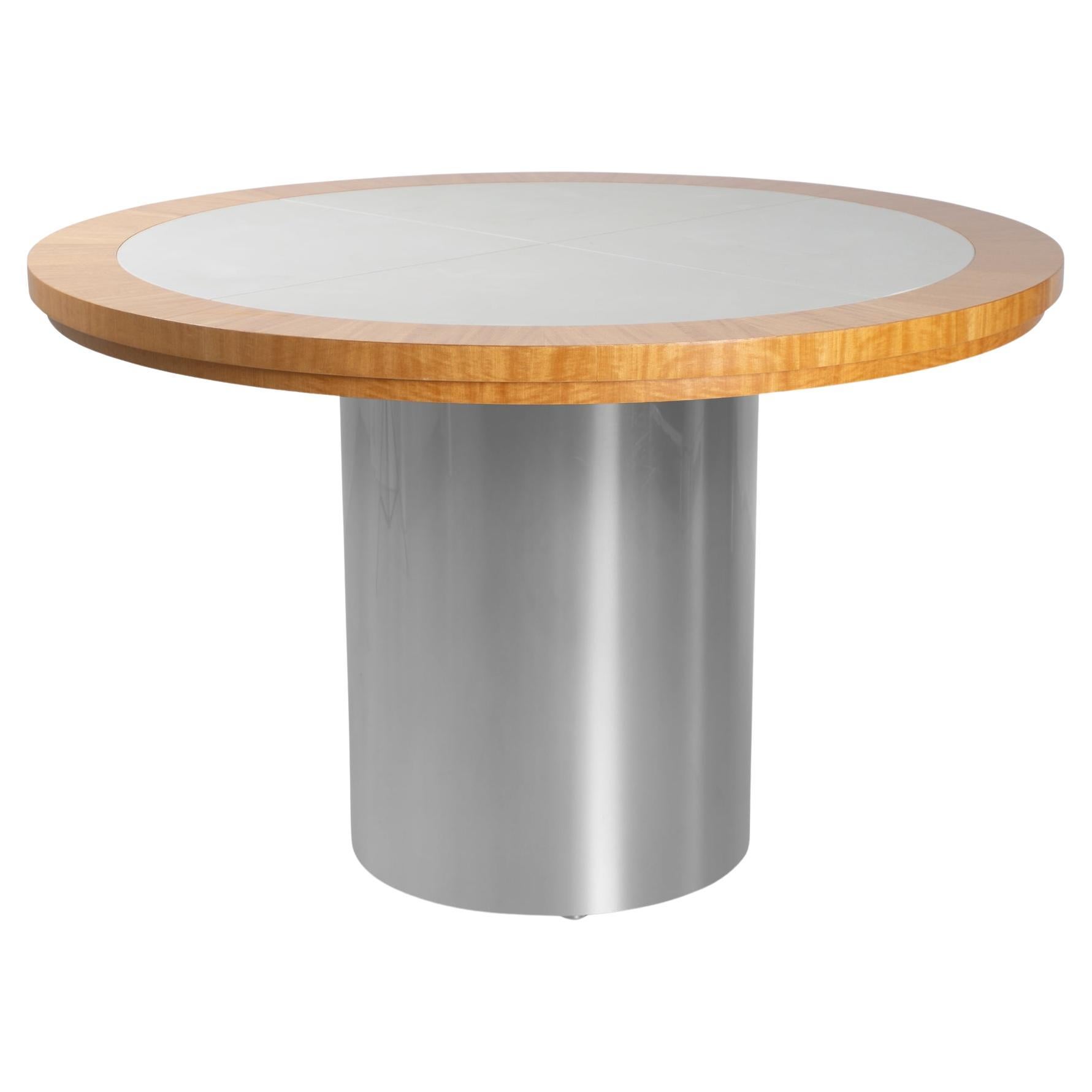 Pedestal Foyer Card Dining Table in Maple, Leather, & Chrome For Sale