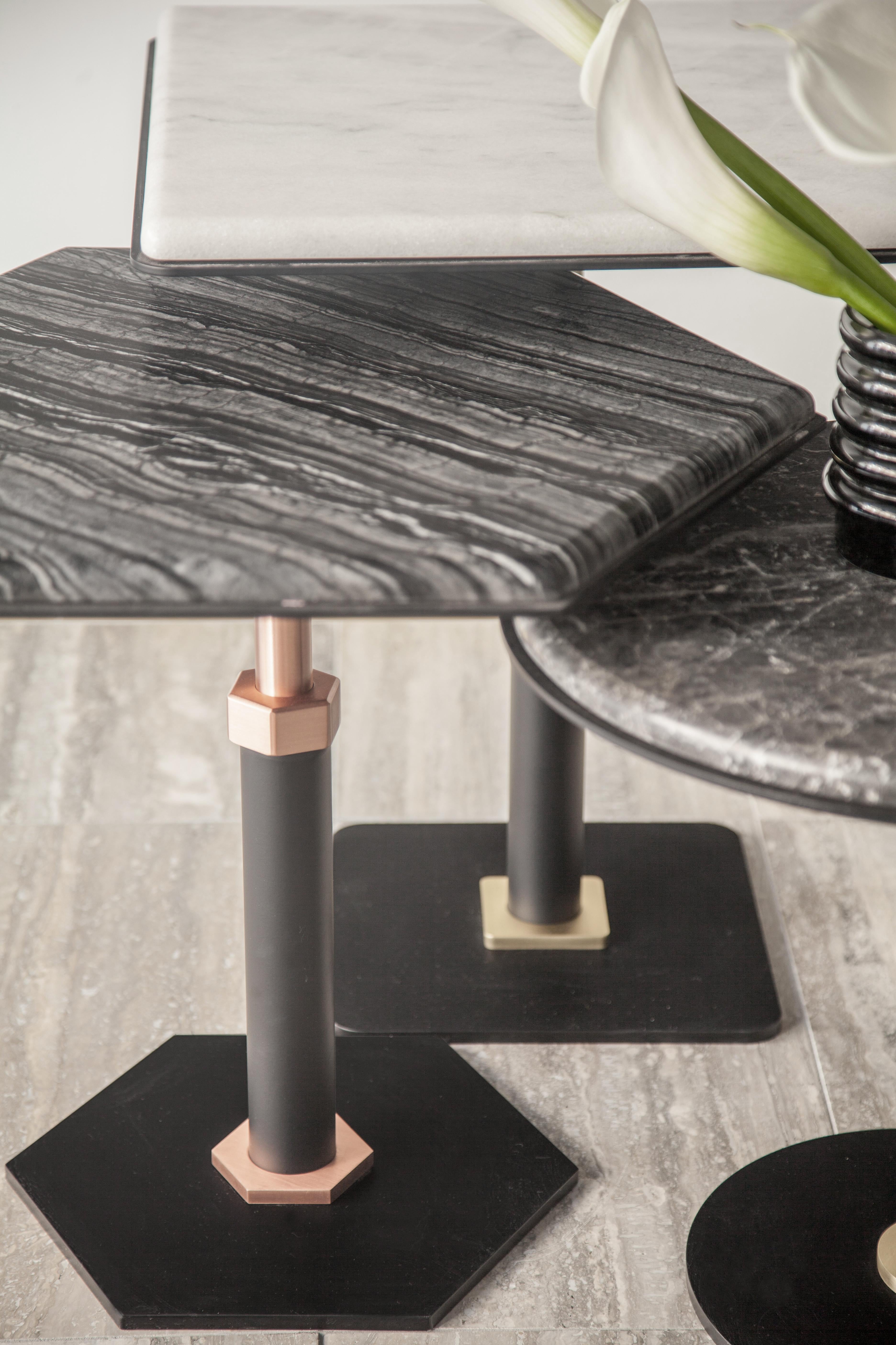 Contemporary Pedestal Hexagonal Side Table in Black Steel & Satin Brass Base by Gabriel Scott