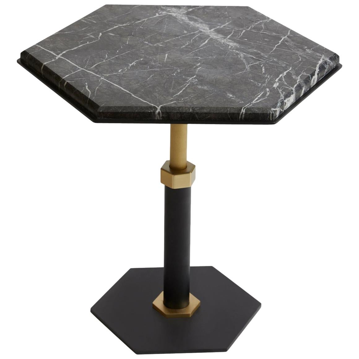 Pedestal Hexagonal Side Table in Black Steel & Satin Brass Base by Gabriel Scott