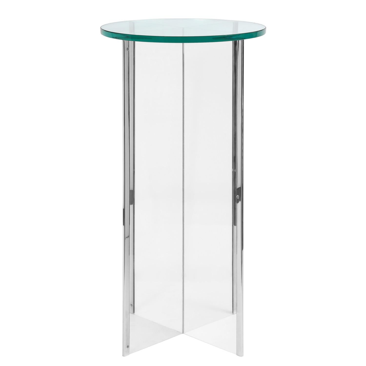Pedestal in lucite with polished chrome trim and thick glass top, American 1970's.