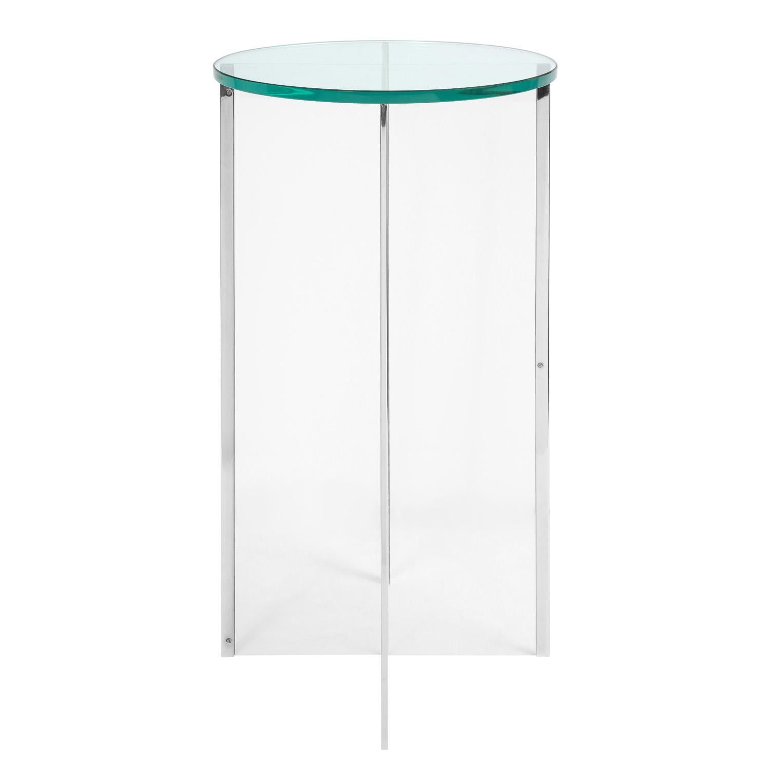 Modern Pedestal in Lucite with Chrome Trim and Glass Top, 1970s For Sale