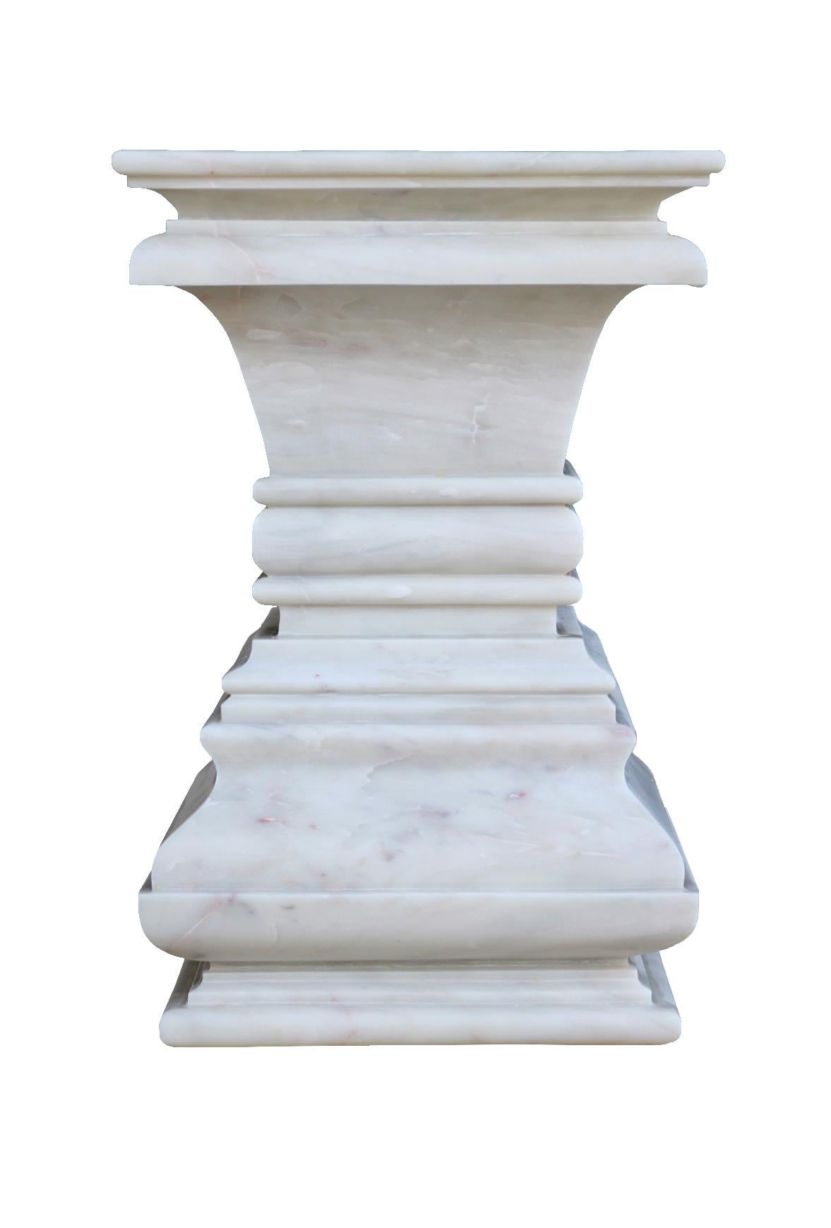 Hand-Carved Modern Square Architectural Pedestal Side Table in White Marble by S. Odegard For Sale