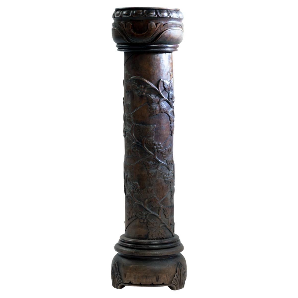 Pedestal plantstand, mahogany, handcarved grapevine motive, wood, 1950s