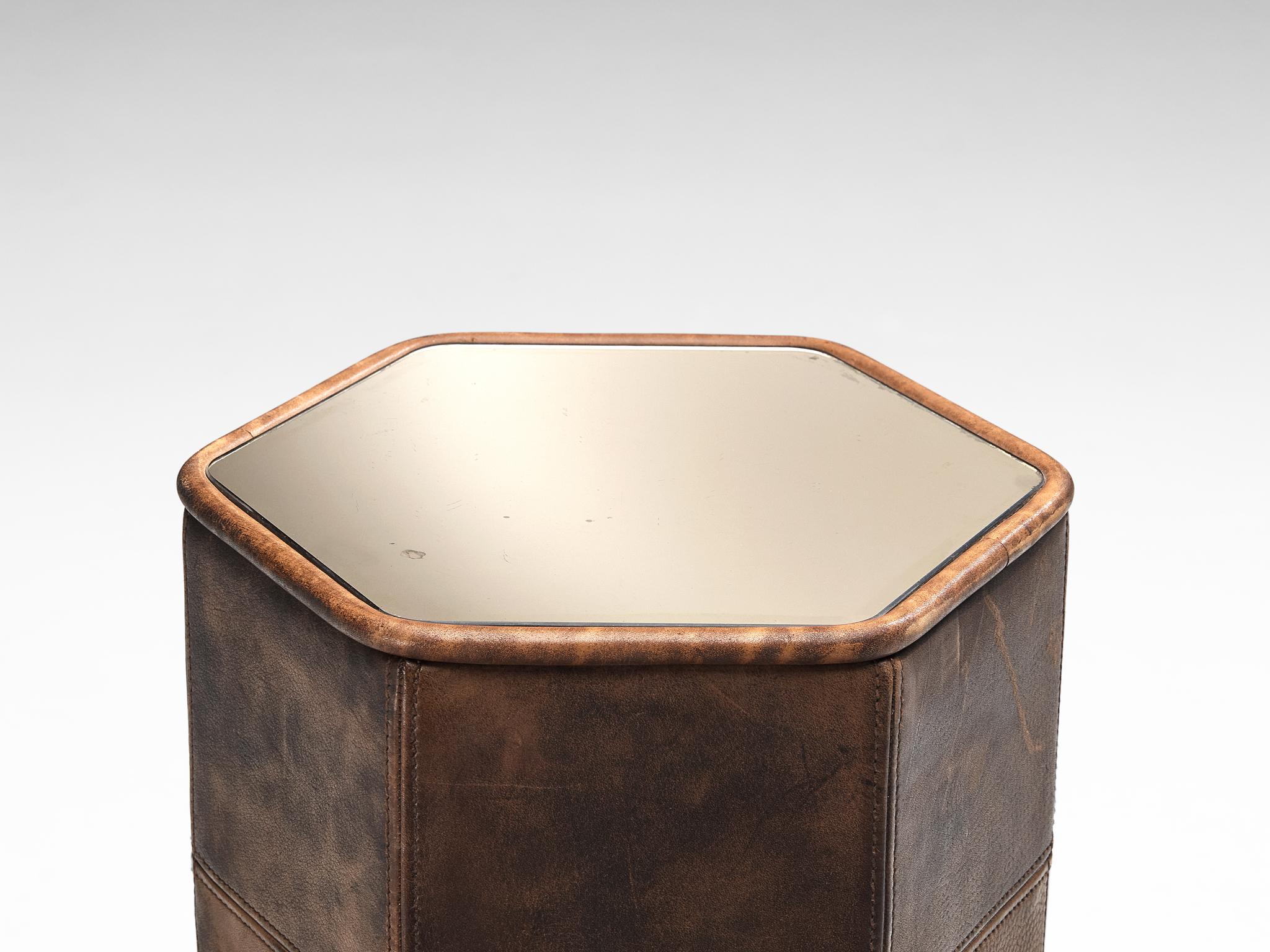 Post-Modern Pedestal or Side Table in Patchwork Leather with Mirrored Top  For Sale