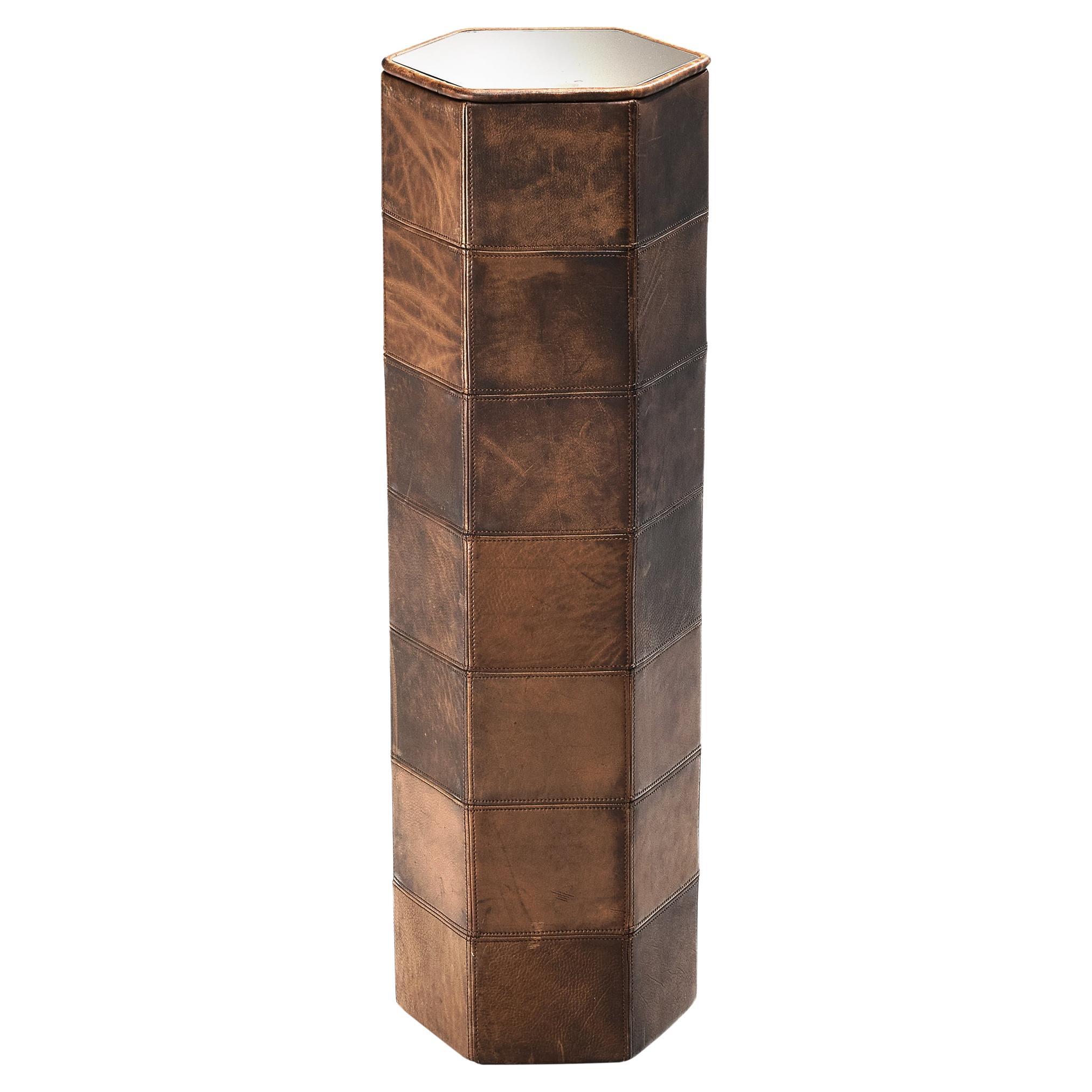 Pedestal or Side Table in Patchwork Leather with Mirrored Top 