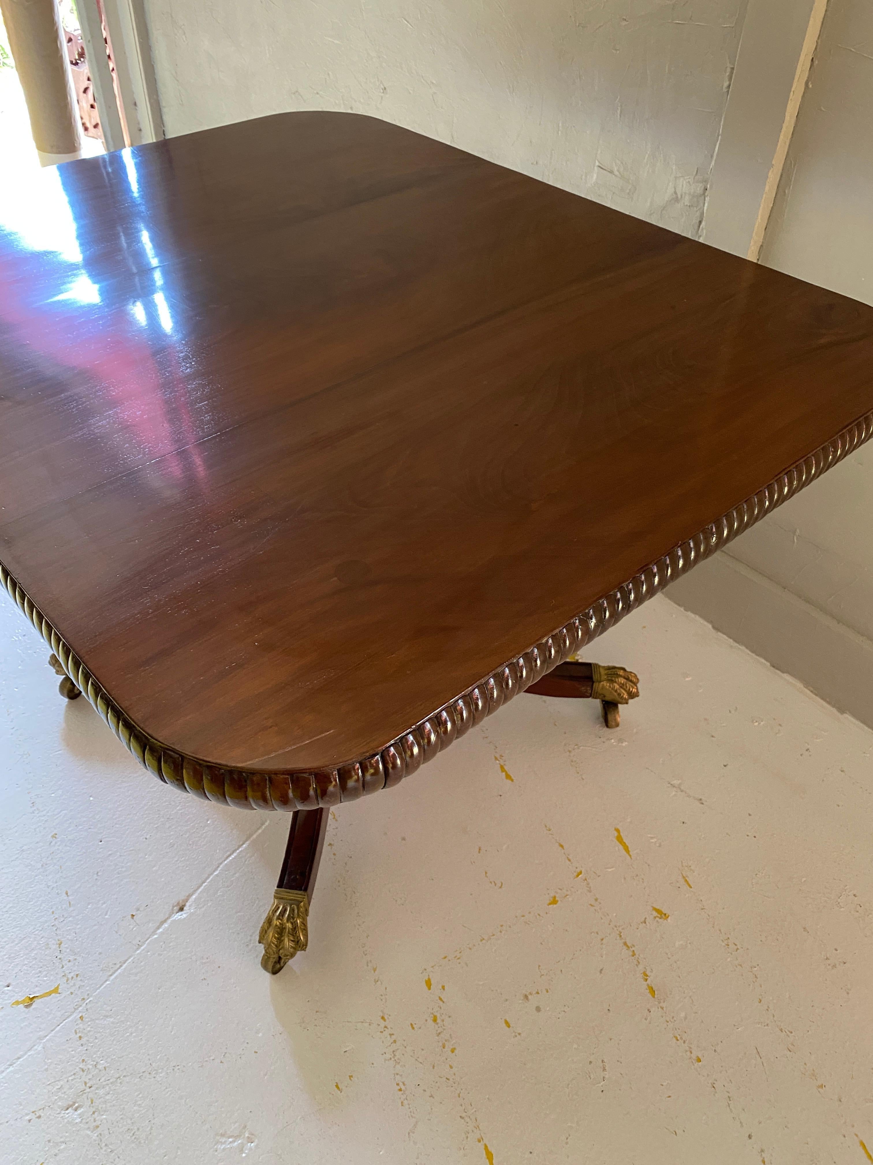 19th Century Pedestal Rectangle Center Table with Gadrooning Banding & Brass Claw Foot For Sale