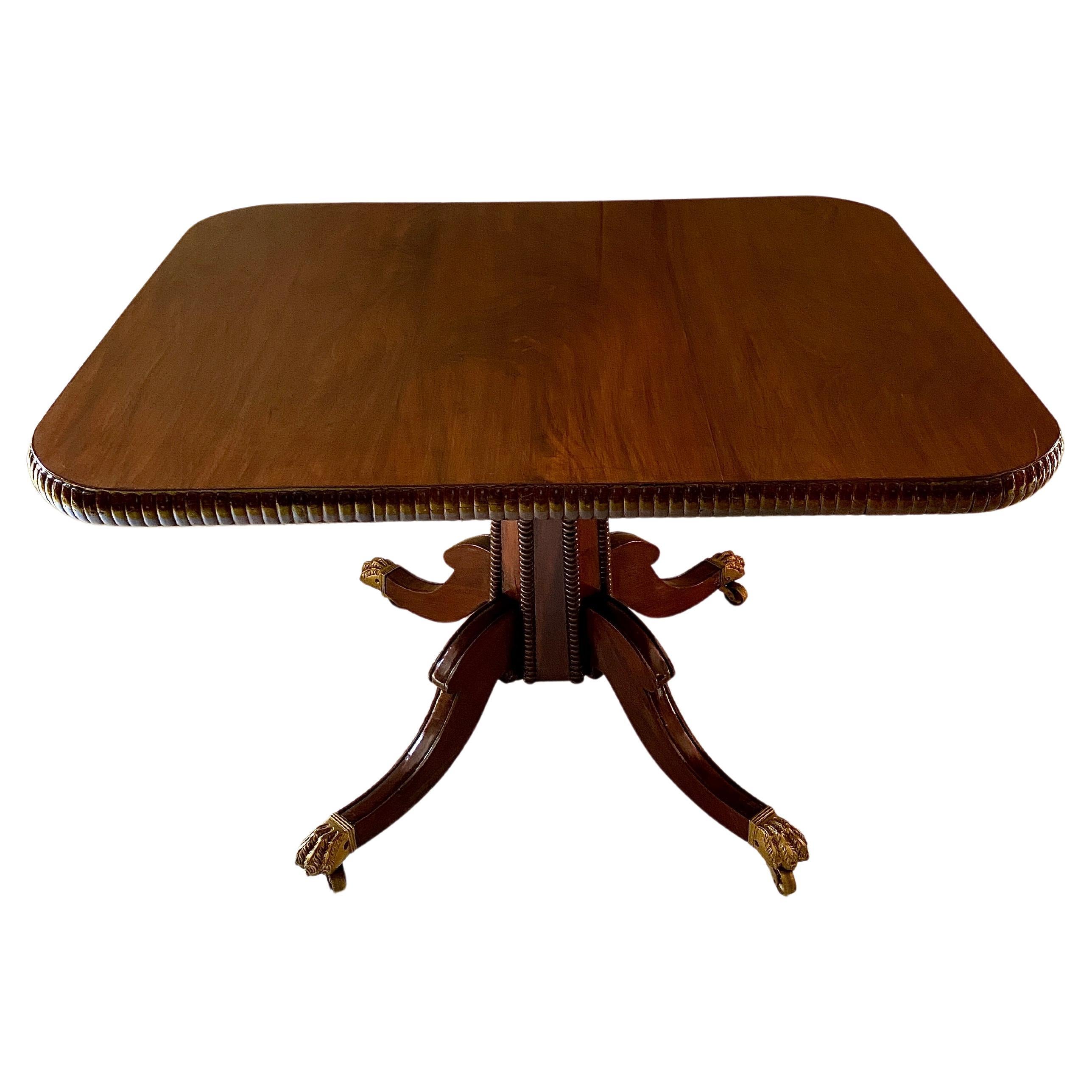 Pedestal Rectangle Center Table with Gadrooning Banding & Brass Claw Foot For Sale