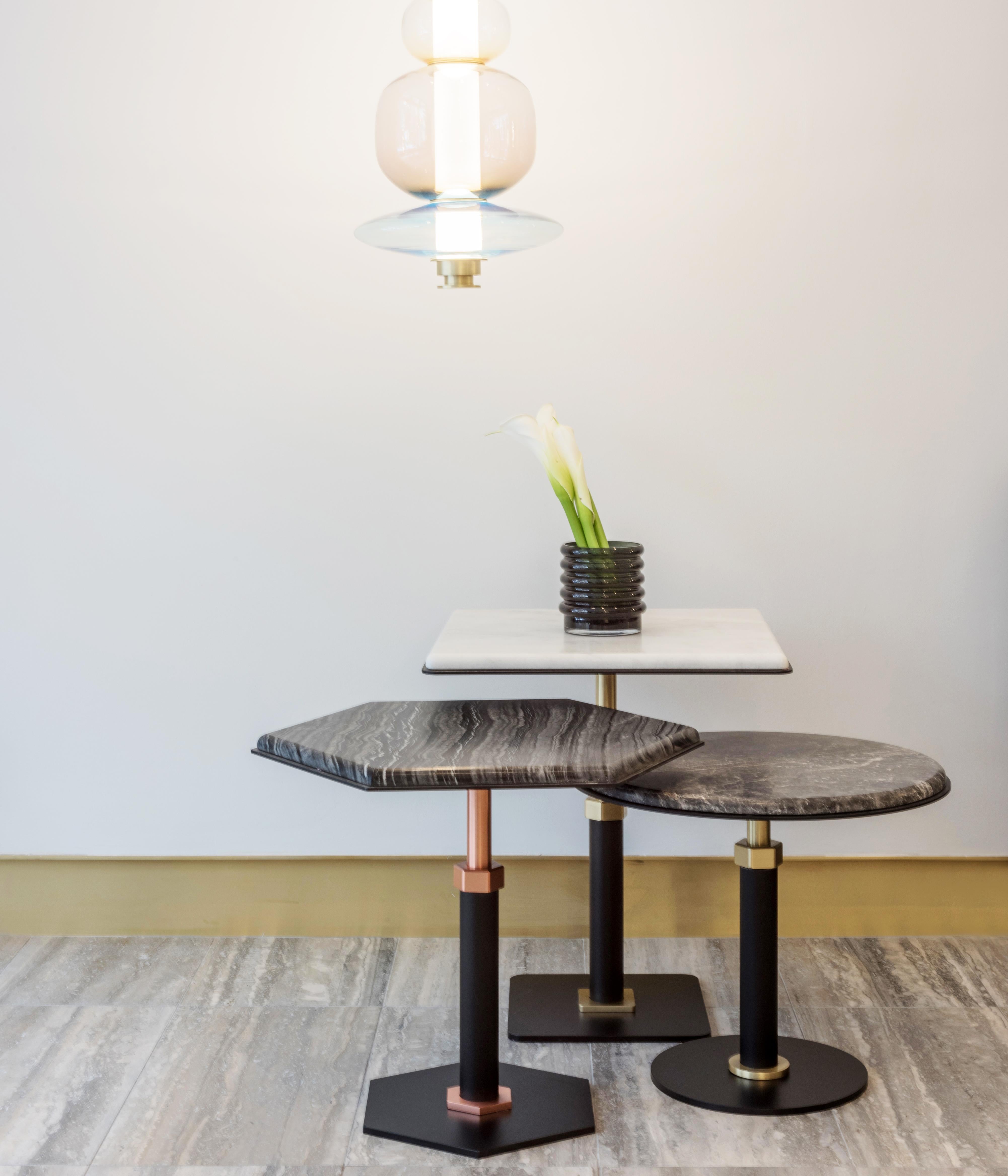 Contemporary Pedestal Round Side Table in Black Steel and Satin Copper Base by Gabriel Scott For Sale