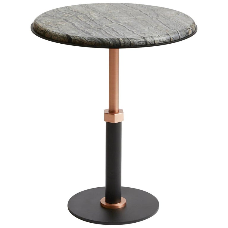 For Sale: Silver (Onda D'Argento - Silver) Pedestal Round Side Table in Black Steel and Satin Copper Base by Gabriel Scott