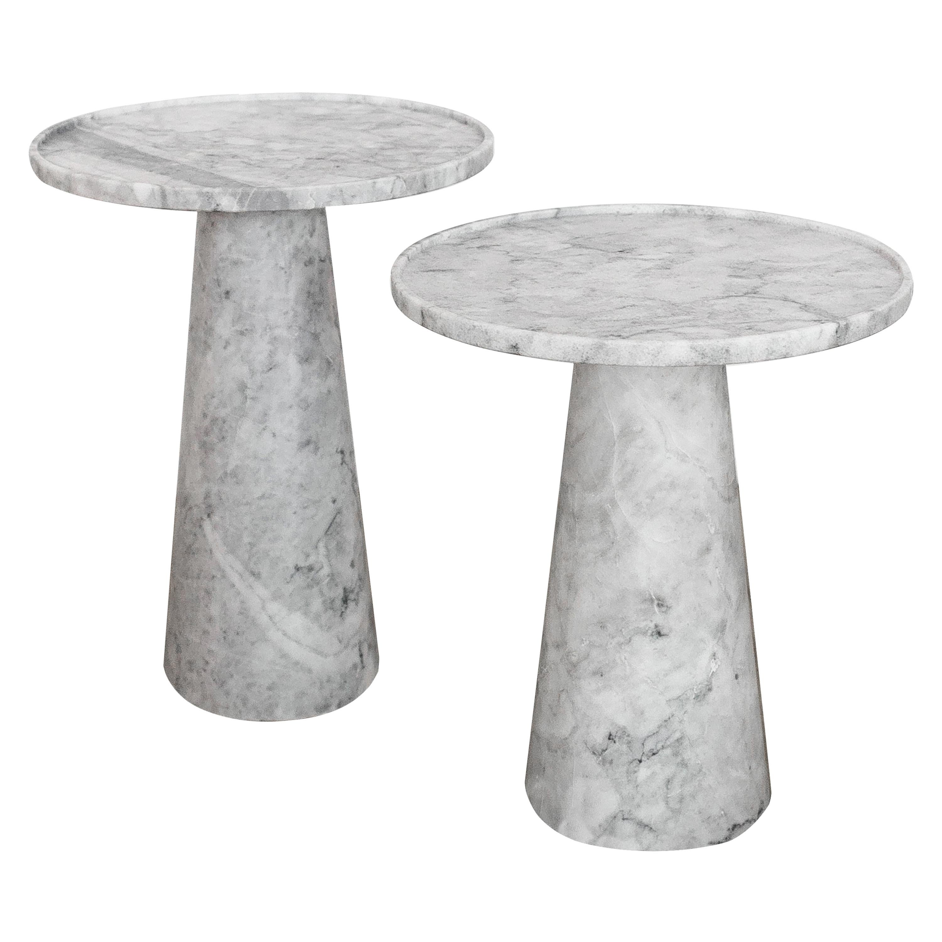Two Pedestal White Marble Side Tables Set