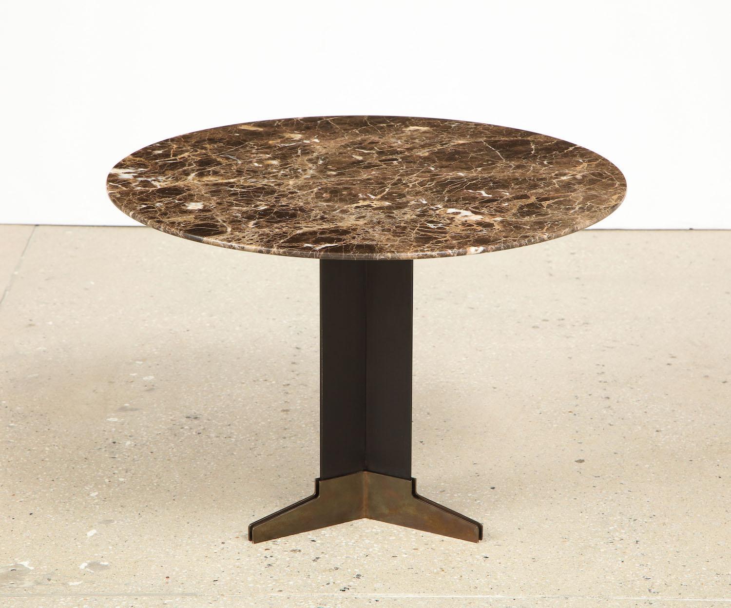 Painted iron, oxidized brass, marble. Fantastic architectural side table in very good condition.